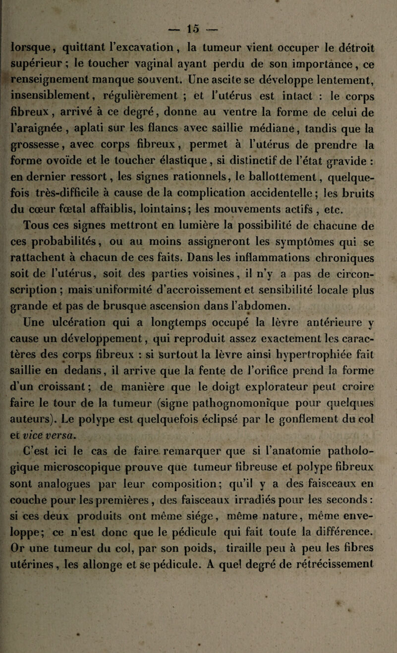 lorsque, quittant l’excavation, la tumeur vient occuper le détroit supérieur ; le toucher vaginal ayant perdu de son importance, ce renseignement manque souvent. Une ascite se développe lentement, insensiblement, régulièrement ; et l’utérus est intact : le corps fibreux, arrivé à ce degré, donne au ventre la forme de celui de l’araignée , aplati sur les flancs avec saillie médiane, tandis que la grossesse, avec corps fibreux, permet à l’utérus de prendre la forme ovoïde et le toucher élastique, si distinctif de l’état gravide : en dernier ressort, les signes rationnels, le ballottement, quelque¬ fois très-difficile à cause de la complication accidentelle ; les bruits du cœur fœtal affaiblis, lointains; les mouvements actifs , etc. Tous ces signes mettront en lumière la possibilité de chacune de ces probabilités, ou au moins assigneront les symptômes qui se rattachent à chacun de ces faits. Dans les inflammations chroniques soit de l’utérus, soit des parties voisines, il n’v a pas de circon¬ scription; mais uniformité d’accroissement et sensibilité locale plus grande et pas de brusque ascension dans l’abdomen. Une ulcération qui a longtemps occupé la lèvre antérieure y cause un développement, qui reproduit assez exactement les carac¬ tères des corps fibreux : si surtout la lèvre ainsi hypertrophiée fait saillie en dedans, il arrive que la fente de l’orifice prend la forme d’un croissant ; de manière que le doigt explorateur peut croire faire le tour de la tumeur (signe pathognomonique pour quelques auteurs). Le polype est quelquefois éclipsé par le gonflement du col et vice versa. C’est ici le cas de faire remarquer que si l’anatomie patholo¬ gique microscopique prouve que tumeur fibreuse et polype fibreux sont analogues par leur composition; qu’il y a des faisceaux en couche pour les premières , des faisceaux irradiés pour les seconds: si ces deux produits ont même siège, même nature, même enve¬ loppe; ce n’est donc que le pédicule qui fait toute la différence. Or une tumeur du col, par son poids, tiraille peu à peu les fibres utérines, les allonge et se pédicule. A que! degré de rétrécissement