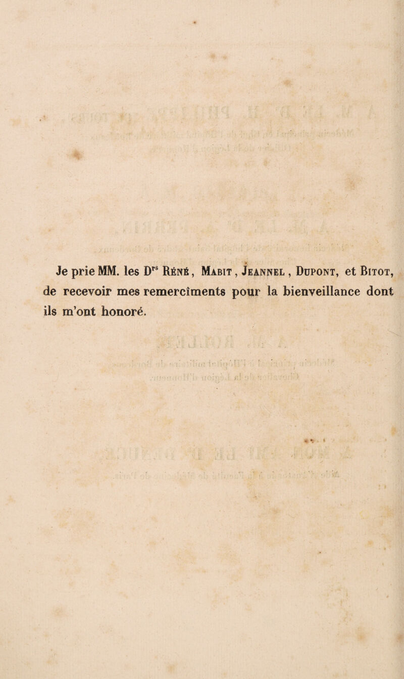 Je prie MM. les DTS Réné , Mabit , Jeannel , Düpont, et Bitot, de recevoir mes remercîments pour la bienveillance dont ils m’ont honoré.