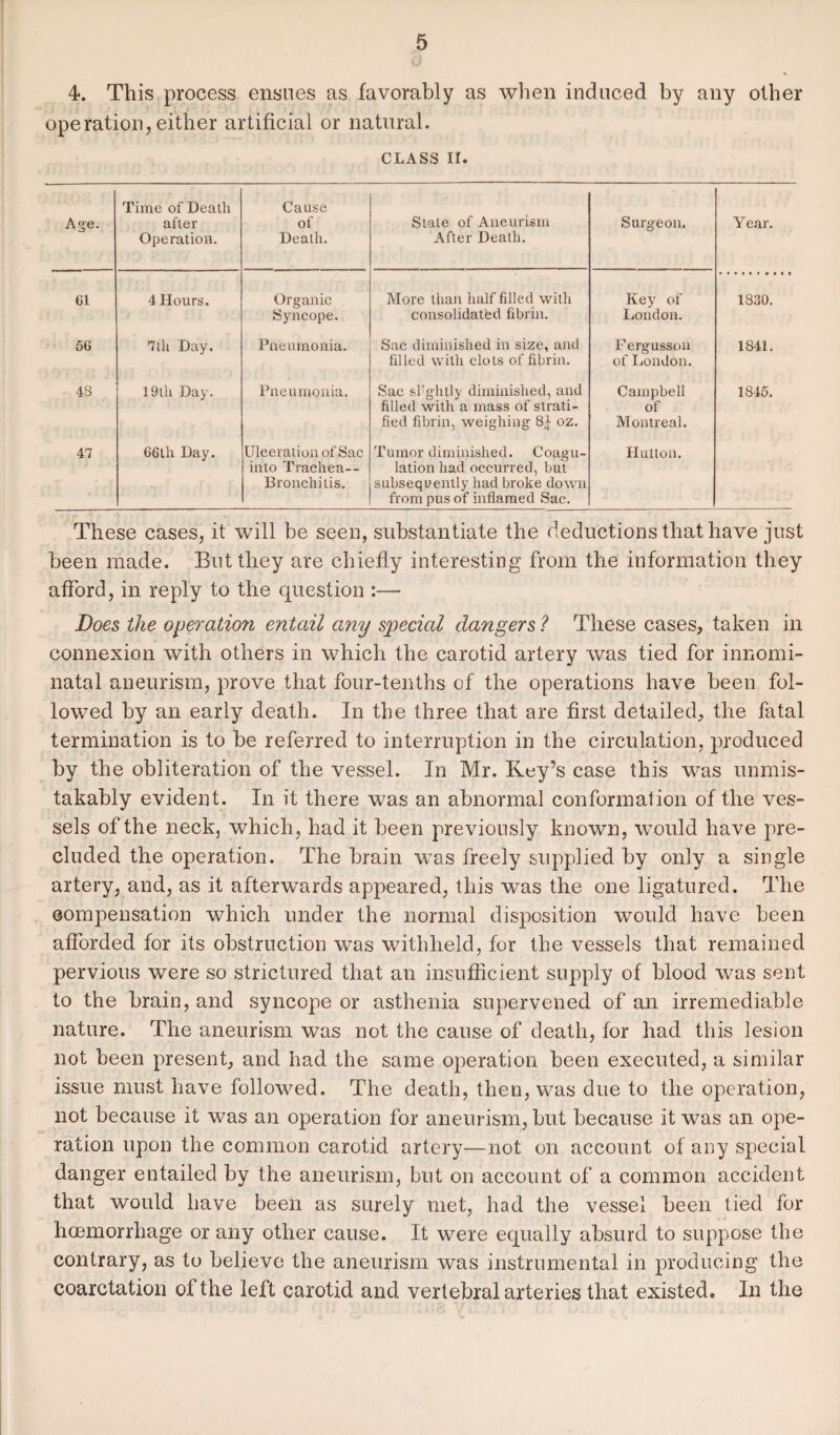 4. This process ensues as favorably as when induced by any other operation, either artificial or natural. CLASS II. Age. Time of Death after Operation. Cause of Death. State of Aneurism After Death. Surgeon. Y ear. 61 4 Hours. Organic Syncope. More than half filled with consolidated fibrin. Key of London. • •••••«••• 1830. 56 7th Day. Pneumonia. Sac diminished in size, and filled with clots of fibrin. Fergusson of London. 1841. 4S 19th Day. Pneumonia. Sac sl’ghtly diminished, and filled with a mass of strati¬ fied fibrin, weighing 8£ oz. Campbell of Montreal. 1845. 47 66th Day. Ulceration of Sac into Trachea— Bronchitis. Tumor diminished. Coagu¬ lation had occurred, but subsequently had broke down from pus of inflamed Sac. Hutton. These cases, it will be seen, substantiate the deductions that have just been made. But they are chiefly interesting from the information they afford, in reply to the question :— Does the operation entail any special dangers ? These cases, taken in connexion with others in which the carotid artery was tied for innomi- natal aneurism, prove that four-tenths of the operations have been fol¬ lowed by an early death. In the three that are first detailed, the fatal, termination is to be referred to interruption in the circulation, produced by the obliteration of the vessel. In Mr. Key’s case this was unmis¬ takably evident. In it there was an abnormal conformation of the ves¬ sels of the neck, which, had it been previously known, would have pre¬ cluded the operation. The brain was freely supplied by only a single artery, and, as it afterwards appeared, this was the one ligatured. The compensation which under the normal disposition would have been afforded for its obstruction was withheld, for the vessels that remained pervious were so strictured that an insufficient supply of blood was sent to the brain, and syncope or asthenia supervened of an irremediable nature. The aneurism was not the cause of death, for had this lesion not been present, and had the same operation been executed, a similar issue must have followed. The death, then, was due to the operation, not because it was an operation for aneurism, but because it was an ope¬ ration upon the common carotid artery—not on account of any special danger entailed by the aneurism, but on account of a common accident that would have been as surely met, had the vessel been tied for hoemorrhage or any other cause. It were equally absurd to suppose the contrary, as to believe the aneurism was instrumental in producing the coarctation of the left carotid and vertebral arteries that existed. In the