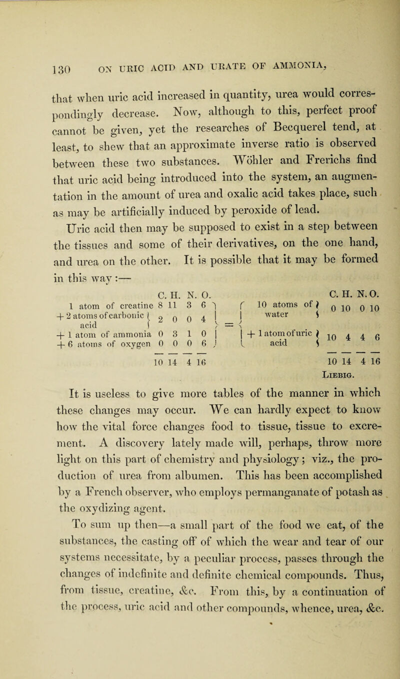 that when uric acid increased in quantity, urea would cones- pondingly decrease. Now, although to this, perfect proof cannot be given, yet the researches of Becquerel tend, at least, to shew that an approximate inverse ratio is observed between these two substances. Wohler and Frerichs find that uric acid being introduced into the system, an augmen¬ tation in the amount of urea and oxalic acid takes place, such as may be artificially induced by peroxide of lead. Uric acid then may be supposed to exist in a step between the tissues and some of their derivatives, on the one hand, and urea on the other. It is possible that it may be formed in this way :— C. H. N. O. C. H. N.O. 1 atom of creatine 8 11 3 6 'j f 10 atoms of) q 0 10 + 2 atoms of carbonic 1 g o 0 4 i I water $ acid ) >• = i -j- 1 atom of ammonia 0 3 1 0 j | 4- 1 atom of uric } io 4 4 6 4- 6 atoms of oxygen 0 0 0 6 J l acid $ 10 14 4 16 10 14 4 16 Liebig. It is useless to give more tables of the manner in which these changes may occur. We can hardly expect to know how the vital force changes food to tissue, tissue to excre¬ ment. A discovery lately made will, perhaps, throw more light on this part of chemistry and physiology; viz., the pro¬ duction of urea from albumen. This has been accomplished by a French observer, who employs permanganate of potash as the oxydizing agent. To sum up then—a small part of the food we eat, of the substances, the casting off of which the wear and tear of our systems necessitate, by a peculiar process, passes through the changes of indefinite and definite chemical compounds. Thus, from tissue, creatine, &v. From this, by a continuation of the process, uric acid and other compounds, whence, urea,