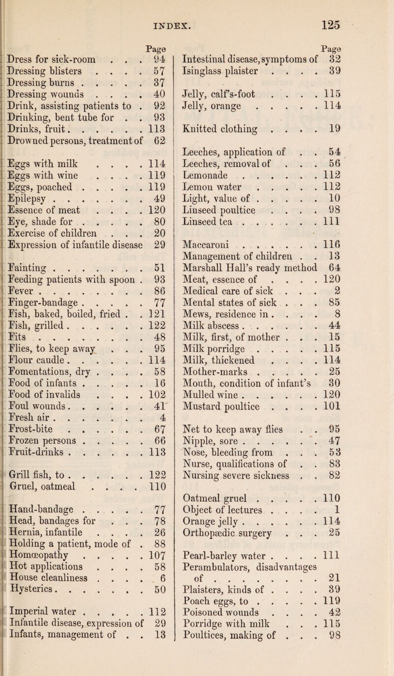 Page Page Dress for sick-room . . . 94 Intestinal disease, symptoms of 32 Dressing blisters .... 57 Isinglass plaister . . • • 39 Dressing burns. 37 Dressing wounds .... 40 Jelly, calfs'foot . . • * 115 Drink, assisting patients to . 92 Jelly, orange 114 Drinking, bent tube for . . 93 Drinks, fruit. 113 Knitted clothing . . t • 19 Drowned persons, treatment of 62 Leeches, application of • • 54 Eggs with milk .... 114 Leeches, removal of 56 Eggs with wine .... 119 Lemonade .... 112 Eggs, poached. 119 Lemon water . . . • • 112 Epilepsy. 49 Light, value of . . . . 10 Essence of meat .... 120 Linseed poultice • • 98 Eye, shade for. 80 Linseed tea ... . 111 Exercise of children . . . 20 Expression of infantile disease 29 Maccaroni .... 116 Management of children • • 13 Fainting. 51 Marshall Hall’s ready method 64 Feeding patients with spoon . 93 Meat, essence of • • 120 Fever. 86 Medical care of sick . 2 Finger-bandage. 77 Mental states of sick . 85 Fish, baked, boiled, fried . 121 Mews, residence in . . , * 8 Fish, grilled. 122 Milk abscess .... 44 Fits. 48 Milk, first, of mother . 15 Flies, to keep away . . . 95 Milk porridge . . . • • 115 Flour caudle. 114 Milk, thickened . . 114 Fomentations, dry .... 58 Mother-marks . . . 25 Food of infants. 16 Mouth, condition of infant’s 30 Food of invalids .... 102 Mulled wine .... 120 Foul wounds. 41' Mustard poultice . . * , 101 Fresh air. 4 Frost-bite. 67 Net to keep away flies • • 95 Frozen persons . 66 Nipple, sore .... 47 Fruit-drinks. 113 Nose, bleeding from 53 Nurse, qualifications of • . 83 Grill fish, to. 122 Nursing severe sickness 82 Gruel, oatmeal .... 110 Oatmeal gruel . . . 110 Hand-bandage. 77 Object of lectures . . , , 1 Head, bandages for 78 Orange jelly .... 114 Hernia, infantile .... 26 Orthopaedic surgery • • 25 Holding a patient, mode of . 88 Homoeopathy. 107 Pearl-barley water . « « 111 Hot applications .... 58 Perambulators, disadvantages House cleanliness .... 6 of. 21 Hysterics. 50 Plaisters, kinds of . 39 Poach eggs, to . . . 119 Imperial water. 112 Poisoned wounds 42 Infantile disease, expression of 29 Porridge with milk • • 115 Infants, management of . . 13 Poultices, making of . • • 98