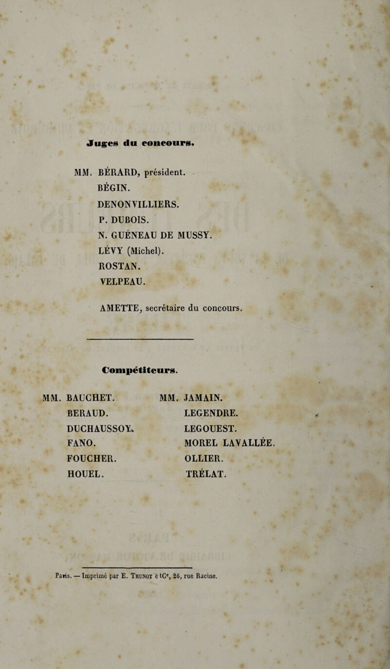 Juges du concours MM. BÉRARD, président. BÉGIN. DENON VILLIERS. P. DUBOIS. N. GUÉNEAU DE MUSSY. LÉ Y Y (Michel). ROSTAN. VELPEAU. AMETTE. secrétaire du concours. Compétiteurs. MM. BAUCHET. BERAUD. DUCHAUSSOY* FANO. FOUCHER. HOUEL. MM. JAMAIN. LEGENDRE. LEGOUEST. MOREL LAVALLÉE. OLLIER. TRÉLAT. Paris. — Imprimé par E. Thunût etc*, 26, rue Racine.