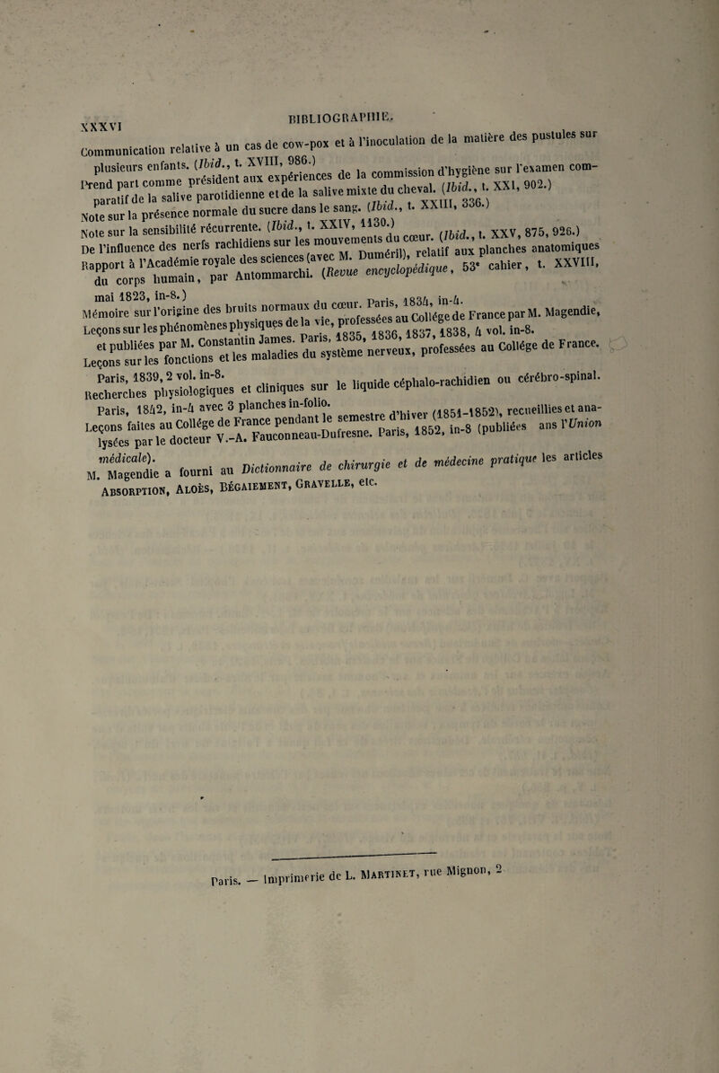 vvvv, BIBLIOGRAPHIE, \ X X. VI , Communication reiative » un cas de cow-pox e. à l’inoculation de la matière des pustules sur plusieurs enfants. dc commissi0n d’hygiène sur l’examen com- ‘^^rd eTarotidienne JL la sahvemixte du Note sur la présence normale du sucre dans ^ sang (76,d .. XXIII, 336.) rzzxzssiï >. “ s encyclopédique, 53* cahier, t. XXVIII, Mémoire sur l’origine des bruits normaux du cœm.J^S'^cohége de France par M. Magendie, Leçons sur ies phénomènes physiques de la «e.,pto es sées a„,Collé;ge I& ^ LeÏ^r^rS — du'système'nerveùx, Passées au Collège de France. «ÆÏÏSÜÎ- et cliniques sur le liquide céphalo-rachidien ou céréhro-spinai. Paris, 1842, in-Il avec 3 planches in-folio. (1851-1852), recueillies et ana- ^lysées^par :le'docteu'r V^-A^FauMmne^i-Dufresne. Paris, 1852, in-8 (publiées ans «/mon MmMtgeant a fourni au Dictionnaire de ckirurgie et de médecine pratique les articles ABSORPTION, ALOtS, BÉGAIEMENT, CRAVELEE, etc. Paris. — Imprimerie de L. Martiket, rue Mignon, 2