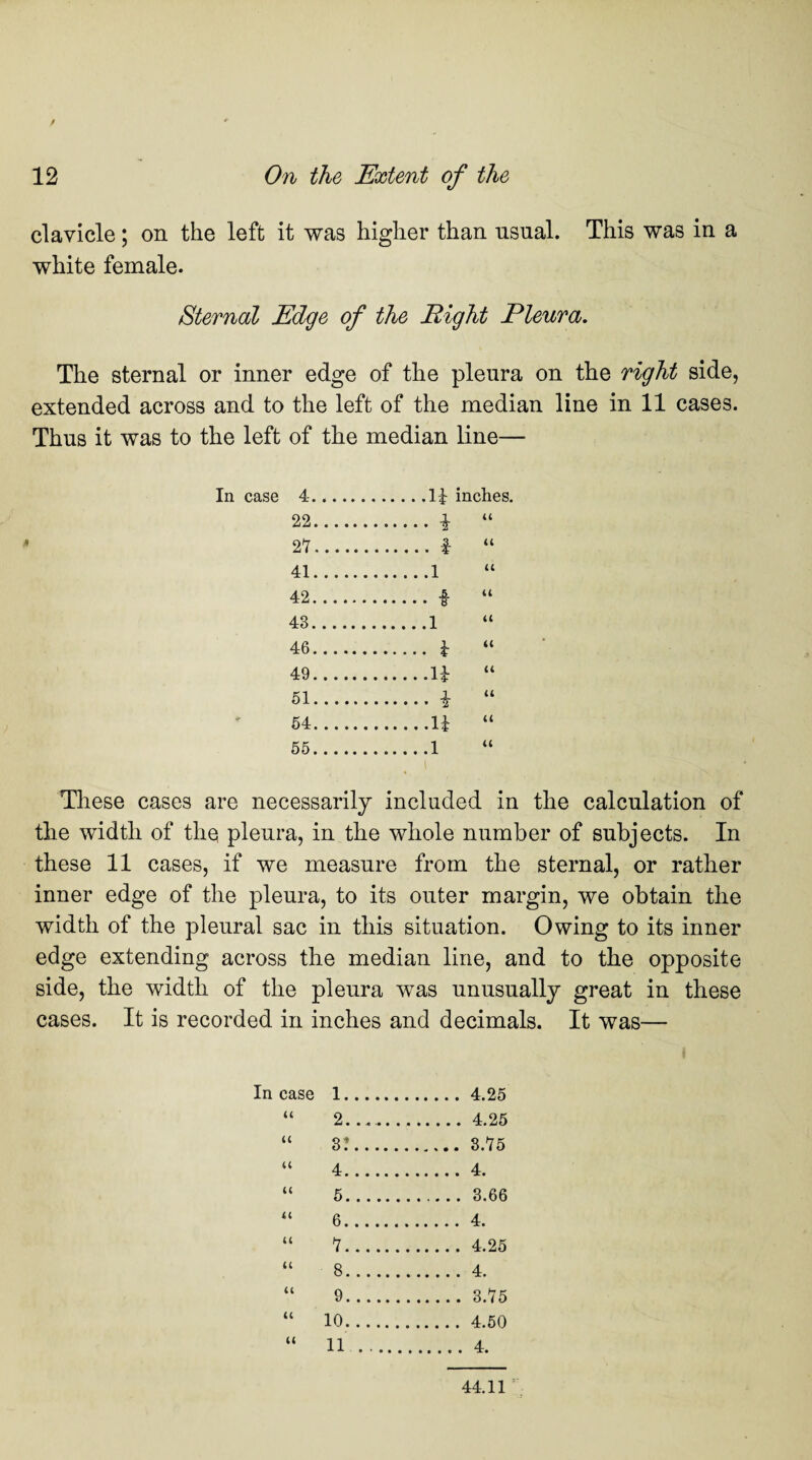 / 12 On the Extent of the clavicle; on the left it was higher than usual. This was in a white female. Sternal Edge of the Eight Pleura. The sternal or inner edge of the pleura on the right side, extended across and to the left of the median line in 11 cases. Thus it was to the left of the median line— In case 4. 22. .i u 27. .f u 41. .1 u 42. .i u 43. .i a 46. . l u 49. .n- a 51. .i u 54. .li u 55. .1 u These cases are necessarily included in the calculation of the width of the pleura, in the whole number of subjects. In these 11 cases, if we measure from the sternal, or rather inner edge of the pleura, to its outer margin, we obtain the width of the pleural sac in this situation. Owing to its inner edge extending across the median line, and to the opposite side, the width of the pleura was unusually great in these cases. It is recorded in inches and decimals. It was— 4.25 4.25 3.75 4. 3.66 4. 4.25 4. 3.75 4.50 44.11  In case 1. “ 2. “ 3! “ 4. “ 5. “ 7 “ 10.. u