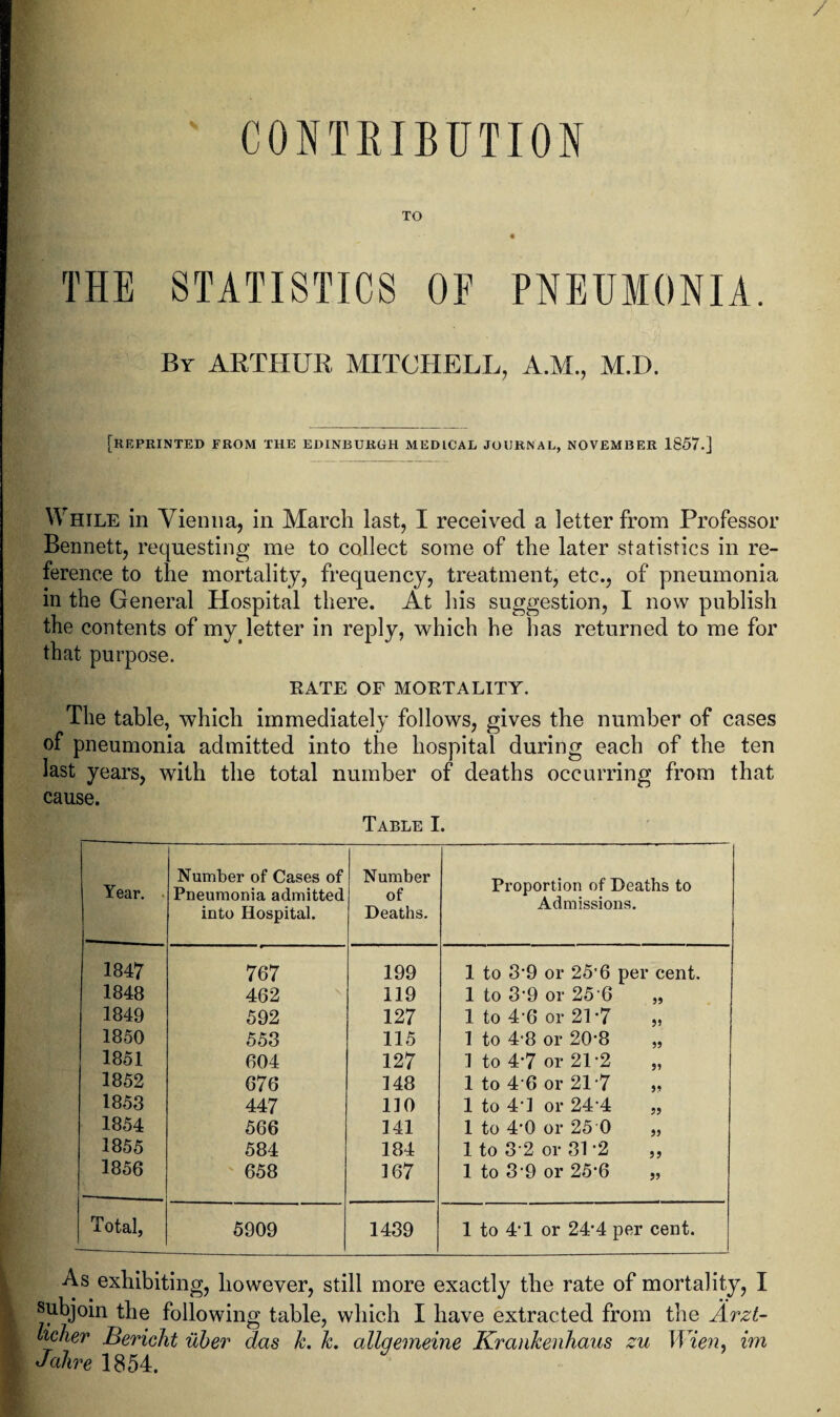 CONTRIBUTION TO THE STATISTICS OF PNEUMONIA. By ARTHUR MITCHELL, A.M., M.I). [REPRINTED FROM THE EDINBURGH MEDICAL JOURNAL, NOVEMBER 1857.] While in Vienna, in March last, I received a letter from Professor Bennett, requesting me to collect some of the later statistics in re¬ ference to the mortality, frequency, treatment, etc., of pneumonia in the General Hospital there. At his suggestion, I now publish the contents of my( letter in re that purpose. ply, which he has returned to me for RATE OF MORTALITY. The table, which immediately follows, gives the number of cases of pneumonia admitted into the hospital during each of the ten last years, with the total number of deaths occurring from that cause. Table I. Year. Number of Cases of Pneumonia admitted into Hospital. Number of Deaths. Proportion of Deaths to Admissions. 1847 767 199 1 to 3'9 or 25’6 per cent. 1848 462 119 1 to 3’9 or 256 „ 1849 592 127 1 to 4’6 or 21-7 „ 1850 553 115 1 to 4-8 or 20’8 „ 1851 604 127 1 to 4'7 or 21 ’2 „ 1852 676 148 1 to 4’6 or 21 ’7 1853 447 110 1 to 41 or 24 4 „ 1854 566 141 1 to 4’0 or 25 0 „ 1855 584 184 1 to 32 or 31 ’2 ,, 1856 658 167 1 to 3’9 or 25*6 „ Total, 5909 1439 1 to 4’1 or 24’4 per cent. As exhibiting, however, still more exactly the rate of mortality, I subjoin the following table, which I have extracted from the Arzt- Licher Bericht ilber das k. Jc. allqemeine KranJcenhaus zu JVien, im Jahre 1854.