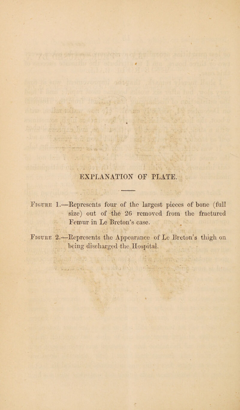 EXPLANATION OF PLATE. Figure 1.—Represents four of the largest pieces of bone (full size) out of the 26 removed from the fractured Femur in Le Breton’s case. » . f ; V' ' f - 1, r<± • . {- • ■ f . Figure 2.—Represents the Appearance of Le Breton’s thigh on being discharged the Hospital.