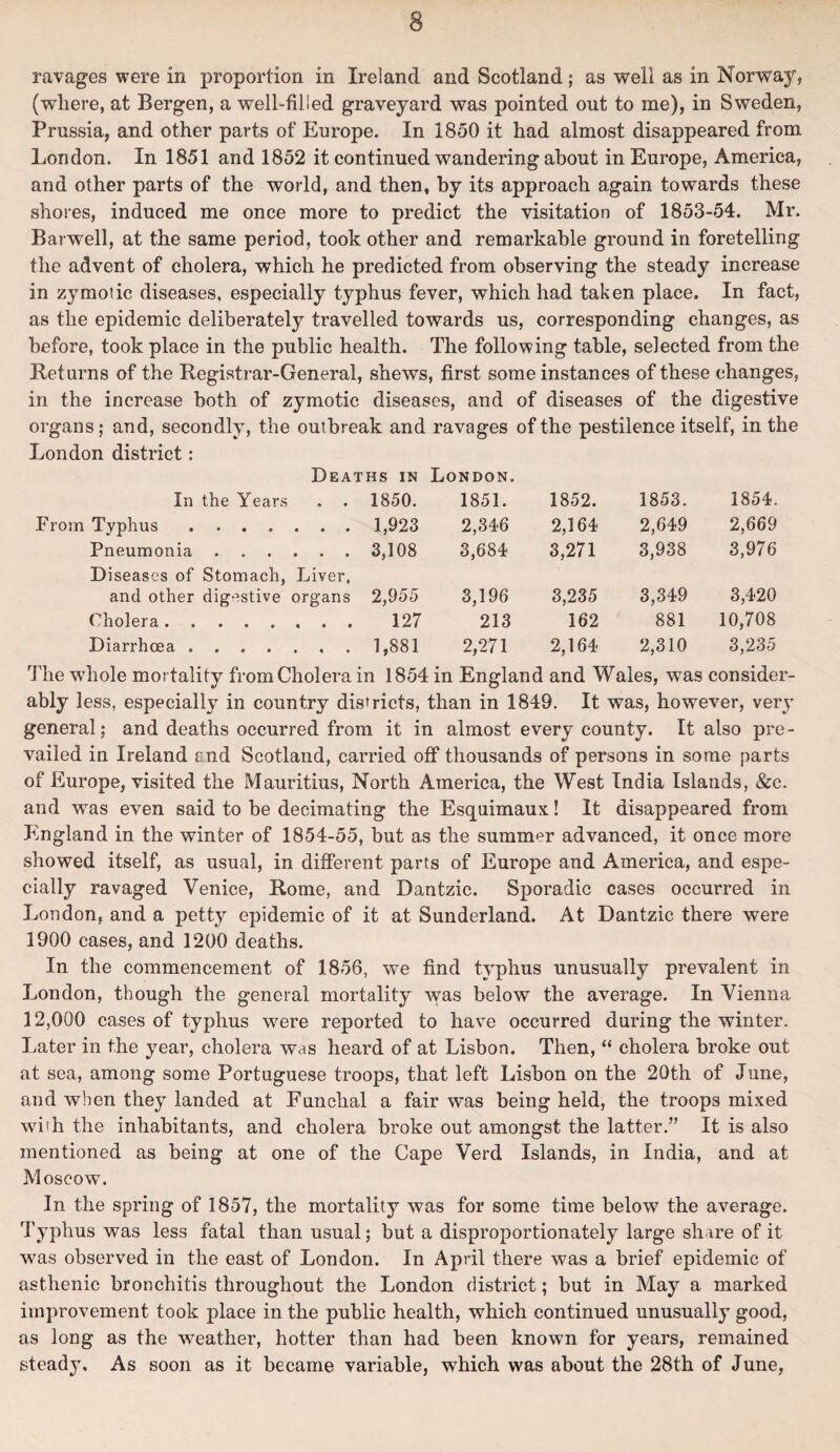 ravages were in proportion in Ireland and Scotland; as well as in Norway, (where, at Bergen, a well-filled graveyard was pointed out to me), in Sweden, Prussia, and other parts of Europe. In 1850 it had almost disappeared from London. In 1851 and 1852 it continued wandering about in Europe, America, and other parts of the world, and then, by its approach again towards these shores, induced me once more to predict the visitation of 1853-54. Mr. Barwell, at the same period, took other and remarkable ground in foretelling the advent of cholera, which he predicted from observing the steady increase in zymotic diseases, especially typhus fever, which had taken place. In fact, as the epidemic deliberately travelled towards us, corresponding changes, as before, took place in the public health. The following table, selected from the Returns of the Registrar-General, shews, first some instances of these changes, in the increase both of zymotic diseases, and of diseases of the digestive organs; and, secondly, the outbreak and ravages of the pestilence itself, in the London district: Deaths in London. In the Years . . 1850. 1851. 1852. 1853. 1854. From Typhus. 1,923 2,346 2,164 2,649 2,669 Pneumonia. 3,108 3,684 3,271 3,938 3,976 Diseases of Stomach, Liver, and other digestive organs 2,955 3,196 3,235 3,349 3,420 Cholera. 127 213 162 881 10,708 Diarrhoea. 1,881 2,271 2,164 2,310 3,235 The whole mortality from Cholera in 1854 in England and Wales, was consider¬ ably less, especially in country districts, than in 1849. It was, however, very general; and deaths occurred from it in almost every county. It also pre¬ vailed in Ireland and Scotland, carried off thousands of persons in some parts of Europe, visited the Mauritius, North America, the West India Islands, &e. and was even said to be decimating the Esquimaux! It disappeared from England in the winter of 1854-55, but as the summer advanced, it once more showed itself, as usual, in different parts of Europe and America, and espe¬ cially ravaged Venice, Rome, and Dantzic. Sporadic cases occurred in London, and a petty epidemic of it at Sunderland. At Dantzic there were 1900 cases, and 1200 deaths. In the commencement of 1856, we find typhus unusually prevalent in London, though the general mortality was below the average. In Vienna 12,000 cases of typhus were reported to have occurred during the winter. Later in the year, cholera was heard of at Lisbon. Then, “ cholera broke out at sea, among some Portuguese troops, that left Lisbon on the 20th of June, and when they landed at Funchal a fair was being held, the troops mixed with the inhabitants, and cholera broke out amongst the latter.” It is also mentioned as being at one of the Cape Verd Islands, in India, and at Moscow. In the spring of 1857, the mortality was for some time below the average. Typhus was less fatal than usual; but a disproportionately large share of it was observed in the east of London. In April there was a brief epidemic of asthenic bronchitis throughout the London district; but in May a marked improvement took place in the public health, which continued unusually good, as long as the weather, hotter than had been known for years, remained steady. As soon as it became variable, which was about the 28th of June,