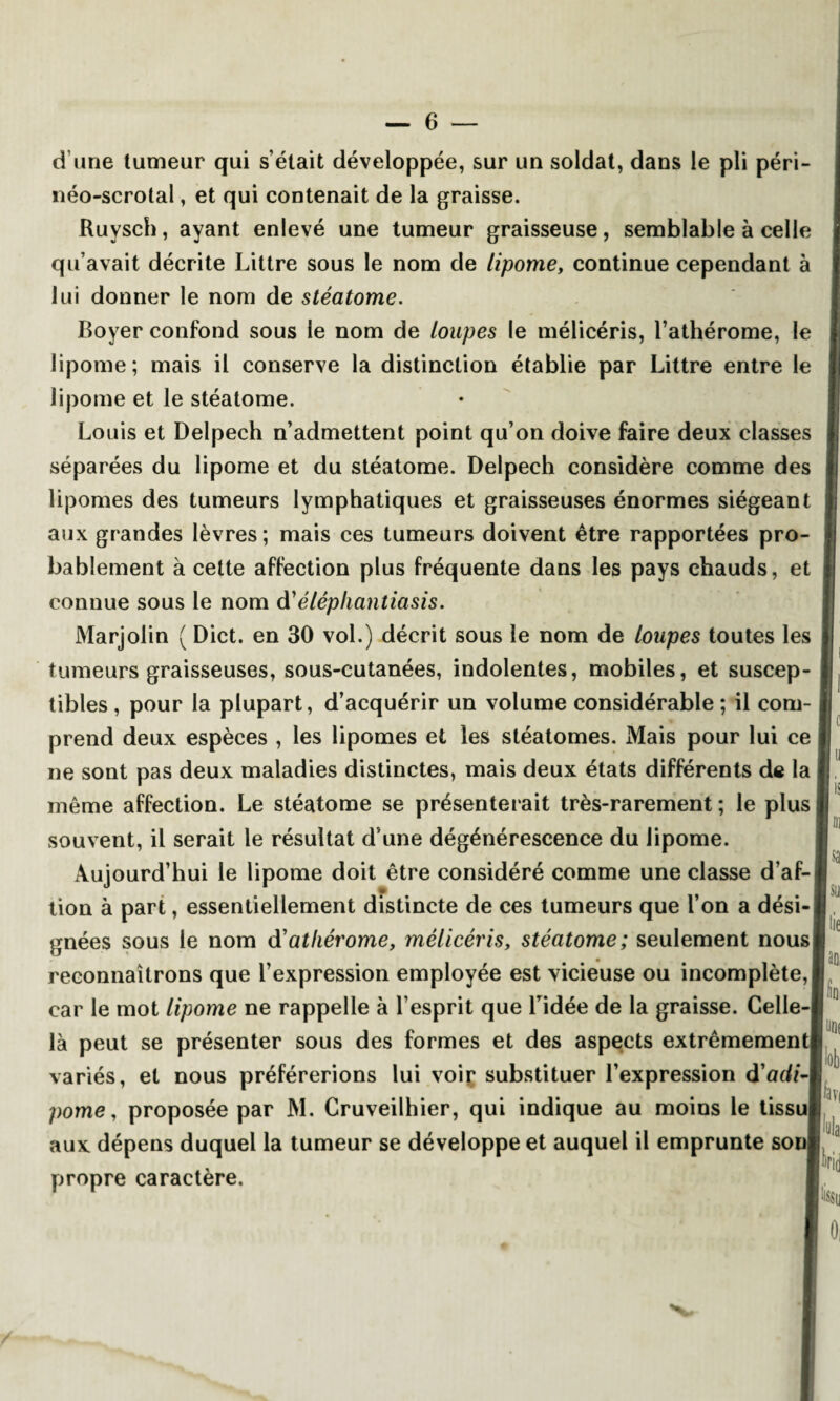 d’une tumeur qui s’était développée, sur un soldat, dans le pli péri- néo-scrotal, et qui contenait de la graisse. Ruysch, ayant enlevé une tumeur graisseuse, semblable à celle qu’avait décrite Littré sous le nom de lipome, continue cependant à lui donner le nom de stéatome. Boyer confond sous le nom de loupes le mélicéris, l’athérome, le lipome; mais il conserve la distinction établie par Littré entre le lipome et le stéatome. Louis et Delpech n’admettent point qu’on doive faire deux classes séparées du lipome et du stéatome. Delpech considère comme des lipomes des tumeurs lymphatiques et graisseuses énormes siégeant aux grandes lèvres; mais ces tumeurs doivent être rapportées pro¬ bablement à cette affection plus fréquente dans les pays chauds, et connue sous le nom d'élépliantiasis. Marjolin ( Dict. en 30 vol.) décrit sous le nom de loupes toutes les tumeurs graisseuses, sous-cutanées, indolentes, mobiles, et suscep¬ tibles, pour la plupart, d’acquérir un volume considérable; il com¬ prend deux espèces , les lipomes et les sléatomes. Mais pour lui ce ne sont pas deux maladies distinctes, mais deux états différents de la même affection. Le stéatome se présenterait très-rarement ; le plus souvent, il serait le résultat d’une dégénérescence du lipome. Aujourd’hui le lipome doit être considéré comme une classe d’af- tion à part, essentiellement distincte de ces tumeurs que l’on a dési¬ gnées sous le nom d'athérome, mélicéris, stéatome; seulement nousj reconnaîtrons que l’expression employée est vicieuse ou incomplète, car le mot lipome ne rappelle à l’esprit que Lidée de la graisse. Celle- là peut se présenter sous des formes et des aspects extrêmement variés, et nous préférerions lui voir substituer l’expression d’ad/- pome, proposée par M. Cruveilhier, qui indique au moins le tissu aux dépens duquel la tumeur se développe et auquel il emprunte son propre caractère. sa |$u [lie aa m lia vi a Irid ÎKCn