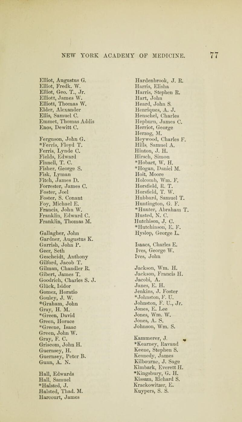 Elliot, Augustus G. Elliot, Fredk. W. Elliot, Geo, T., Jr. Elliott, James W. Elliott, Thomas W. Elder, Alexander Ellis, Samuel C. Emmet, Thomas Addis Enos, Dewitt C. Ferguson, John G. * Ferris, Floyd T. Ferris, Lynde C. Fields, Edward Finnell, T. C. Fisher, George S. Fisk, Lyman Fitch, James D. Forrester, James C. Foster, Joel Foster, S. Conant Foy, Michael E. Francis, John W. Franklin, Edward C. Franklin, Thomas M. Gallagher, John Gardner, Augustus K. Garrish, John P. Geer, Seth Gescheidt, Anthony Gilford, Jacob T. Gilman, Chandler R. Gibert, James T. Goodrich, Charles S. J. Gliick, Isidor Gomez, Horatio Gouley, J. W. *Graham, John Gray, H. M. *Green, David Green, Horace *Greene, Isaac Green, John W. Gray, F. C. Griscom, John H. Guernsey, H. Guernsey, Peter B. Gunn, A. N. Hall, Edwards Hall, Samuel *Haisted, J. Halsted, Thad. M. Harcourt, James Hardenbrook, J. R. Harris, Elisha Harris, Stephen R. Hart, John Heard, John S. Henriques, A. J. Henschel, Charles Hepburn, James C. Herriot, George Herzog, M. Heywood, Charles F. Hills, Samuel A. Hinton, J. H. Hirsch, Simon ^Hobart, W. H, *Hogan, Daniel M, Hoit, Moore Holcomb, Win. F. Horsfield, R. T. Horsfield, T. W. Hubbard, Samuel T. Huntington, G. F. ^Hunter, Abraham T. Husted, N. C. Hutchison, J. C. ^Hutchinson, E. F. Hyslop, George L. Isaacs, Charles E. Ives, George W. Ives, John Jackson, Wm. H. Jackson, Francis H. Jacobi, A. Janes, E. H. Jenkins, J. Foster ^Johnston, F. U. Johnston, F. U., Jr. Jones, E. Lee Jones, Wm. W. Jones, A. S. Johnson, Wm. S. Kammerer, J. ^ ^Kearney, Ravaud Keene, Stephen S. Kennedy, James Kilbourne, J. Sage Kimbark, Everett H. *Kingsbury, G. H. Kissam, Richard S. Krackowitzer, E. Kuypers, S. S.