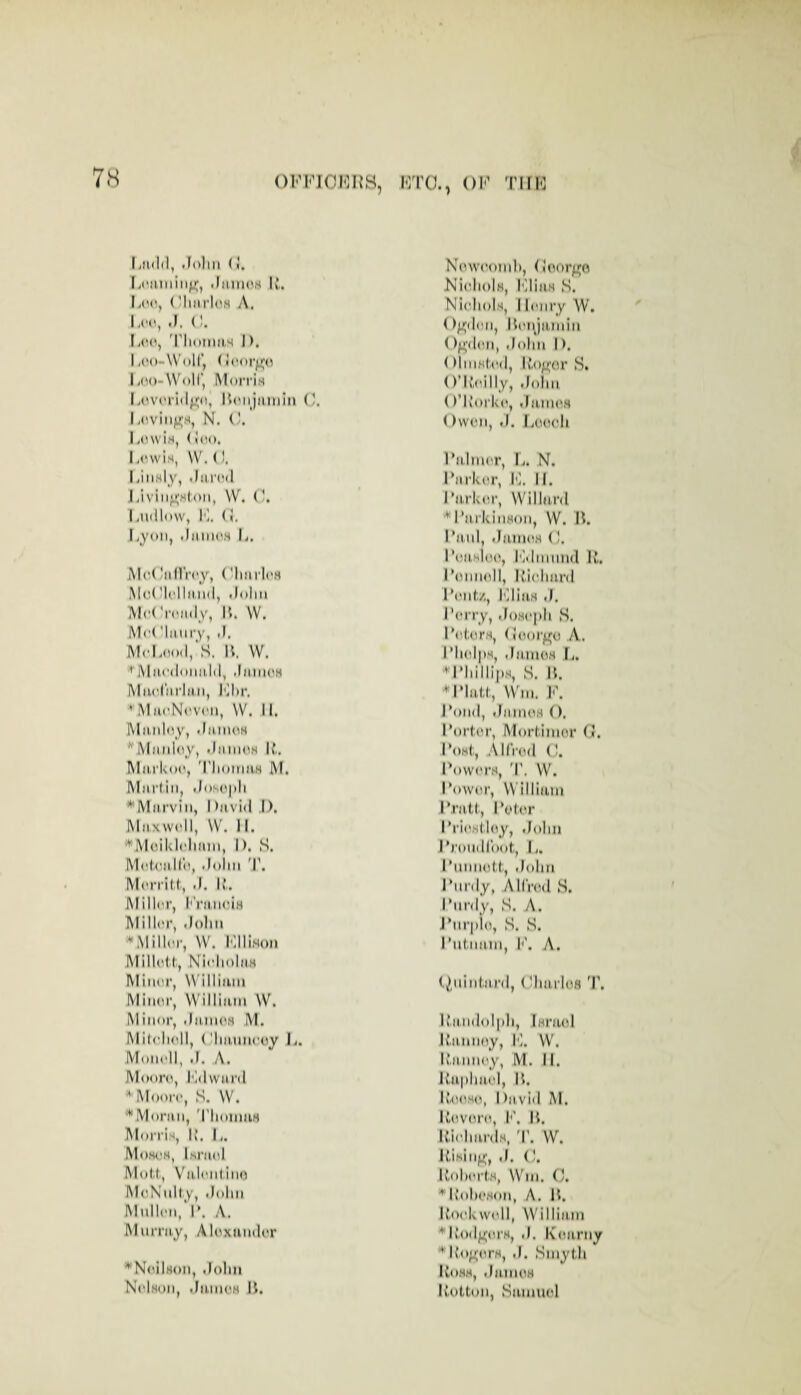 liluld, .loIlM (J. L(MUllill^, fItlllK’iM lu (JIllU'IdH A. I .1. (!. 'riiomiiM I). Ii(H)-\V()ir, li(t()-W<)ll‘, Morris L(WorI(l^o, IUmiJiumIii (). Loviii^j;'M, N. ('. I AOvis, ( 0)0. I.ovvis, \V.(!. I. lnsly, .Iiu'o<l J. Iviii^'Htoii, \V. Ludlow, I'l. (j, I^yon, diuiios L. Mc.(liidVoy, (dmrI(>H Mo(llolliMid, floliii McCroiidy, W, W. M('( Miuiry, tl. MoLood,'s. n. W. + Miu'd(tnii.lil, .liiiiiciM MiicliirliMi, lOhr. ^ MiioNovoii, W. II. Miuiloy, .lii.inoK '''Miinloy, .IniiioH If,. Mu.i'koo, 'riioitiiiH M. Murfiii, dosopli *Miirvin, I )n vid I), Mii.xvvoll, \V. II. *^MoIkl(di(nn, I). S. MofoiiKo, .loliii 'P. Morrill, d. If. Millor, l''nuioiH Miller, .lolin *Millor, W. I'dlisoii Millolit, Ni<diolii,H Minor, Williuiti Minor, Williiiin W. Minor, Jiuiioh M. Mil(dioll, ('linnnooy L. Moindl, il. A. Mooro, iMlwiird Moore, S. W. *Moriui, 'riioiniiH Morri.s, K. L. Moh('H, Isriiol Mol,I,, Viilonlinn MoNnlly, .lolui Mnllon, I*. A. Murriiy, Aloxiindor *NoilH()n, iJoliM NoIhoii, tliunoH IJ. Nowoond), (Joor^o Ni(diolH, lOliiiH S. Nioliol,s, lloiiry W. Ogd on, Uonjtiniin ()f;'don, flolin I). ()liiiHl,od, lfo;.i'or S. ()’lfoilly, dolm ()’K‘orlvo, .IiunoH Owen, .1. Loo(di riiinn'r, !>. N. Piirkor, 10. II. I’lu-kor, VVillurd *I'lirkinHon, W. M. I’m,id, .InnioH (!. roM,Hloo, lOdiiinnd If. ronnoll, Ifiolmrd I’oiifz, lOliuH ,1. I’orry, .loHopli S. roloi'M, (loor^o A,. riioI|),M, ,lM,mo,4 10. *riiiiiii>,s, s. H. *I’Im,I,I, Win. I’oiid, .Jnino.H (). I’ortor, Morfinior (». I’ohI,, Allred (!. Powers, 1’. W. Power, Williuni P.rM,tt, Pol,or Priesfley, .lolm ProndCoot, I,. Pnniiell,, .lolin Pnrdy, Allred S. Pnrdy, S. A. J*nr|)io, S. S. Pnl,niini, k'. A. (2niiil,M,rd, (dnirlofl IfMiidoIpli, Israel Ifannoy, IC. W. Ifanney, M. II. lfu|iliael, B. Ifeese, I )uvid M. Ifevere, I*'. B. Ifiidiurds, W. Jfisin^, fJ. (I. Ifolierls, Win. C. *lfol)eson, A. B. Ifocdvwell, William ^Ifodgers, tl. Kearny *lfo;fers, .I. Smyth IfoHH, •lames Ifotton, Samuel