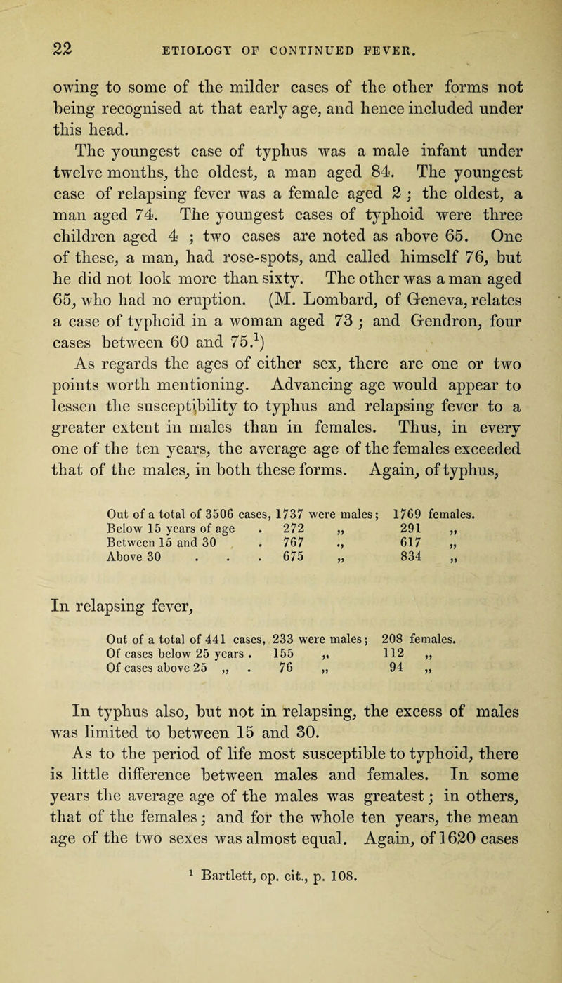 22 owing to some of the milder cases of the other forms not being recognised at that early age, and hence included under this head. The youngest case of typhus was a male infant under twelve months, the oldest, a man aged 84. The youngest case of relapsing fever was a female aged 2 ; the oldest, a man aged 74. The youngest cases of typhoid were three children aged 4 ; twro cases are noted as above 65. One of these, a man, had rose-spots, and called himself 76, but he did not look more than sixty. The other was a man aged 65, who had no eruption. (M. Lombard, of Geneva, relates a case of typhoid in a woman aged 73 ; and Gendron, four cases between 60 and 75.a) As regards the ages of either sex, there are one or two points worth mentioning. Advancing age would appear to lessen the susceptibility to typhus and relapsing fever to a greater extent in males than in females. Thus, in every one of the ten years, the average age of the females exceeded that of the males, in both these forms. Again, of typhus, Out of a total of 3506 cases, 1737 were males; 1769 females. Below 15 years of age . 272 11 291 11 Between 15 and 30 . 767 •1 617 11 Above 30 . 675 11 834 11 In relapsing fever, Out of a total of 441 cases, 233 were males; 208 females. Of cases below 25 years. 155 ,, 112 „ Of cases above 25 ,, . 76 „ 94 „ In typhus also, hut not in relapsing, the excess of males was limited to between 15 and 30. As to the period of life most susceptible to typhoid, there is little difference between males and females. In some years the average age of the males was greatest; in others, that of the females; and for the whole ten years, the mean age of the two sexes was almost equal. Again, of 1620 cases