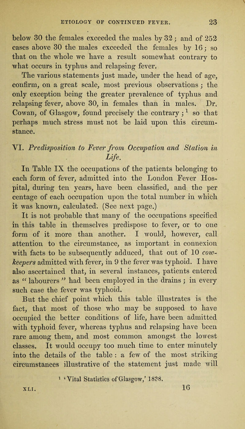 below 30 the females exceeded the males by 32; and of 252 cases above 30 the males exceeded the females by 16; so that on the whole we have a result somewhat contrary to what occurs in typhus and relapsing fever. The various statements just made,, under the head of age, confirm, on a great scale, most previous observations ; the only exception being the greater prevalence of typhus and relapsing fever, above 30, in females than in males. Dr. Cowan, of Glasgow, found precisely the contrary;1 so that perhaps much stress must not be laid upon this circum¬ stance. YI. Predisposition to Fever from Occupation and Station in Life. In Table IX the occupations of the patients belonging to each form of fever, admitted into the London Fever Hos¬ pital, during ten years, have been classified, and the per centage of each occupation upon the total number in which it was known, calculated. (See next page.) It is not probable that many of the occupations specified in this table in themselves predispose to fever, or to one form of it more than another. I would, however, call attention to the circumstance, as important in connexion with facts to be subsequently adduced, that out of 10 cow- keepers admitted with fever, in 9 the fever was typhoid. I have also ascertained that, in several instances, patients entered as “ labourers ” had been employed in the drains ; in every such case the fever was typhoid. But the chief point which this table illustrates is the fact, that most of those who may be supposed to have occupied the better conditions of life, have been admitted with typhoid fever, whereas typhus and relapsing have been rare among them, and most common amongst the lowest classes. It would occupy too much time to enter minutely into the details of the table : a few of the most striking circumstances illustrative of the statement just made will XLI. 1 ‘Vital Statistics of Glasgow/ 1838. 16
