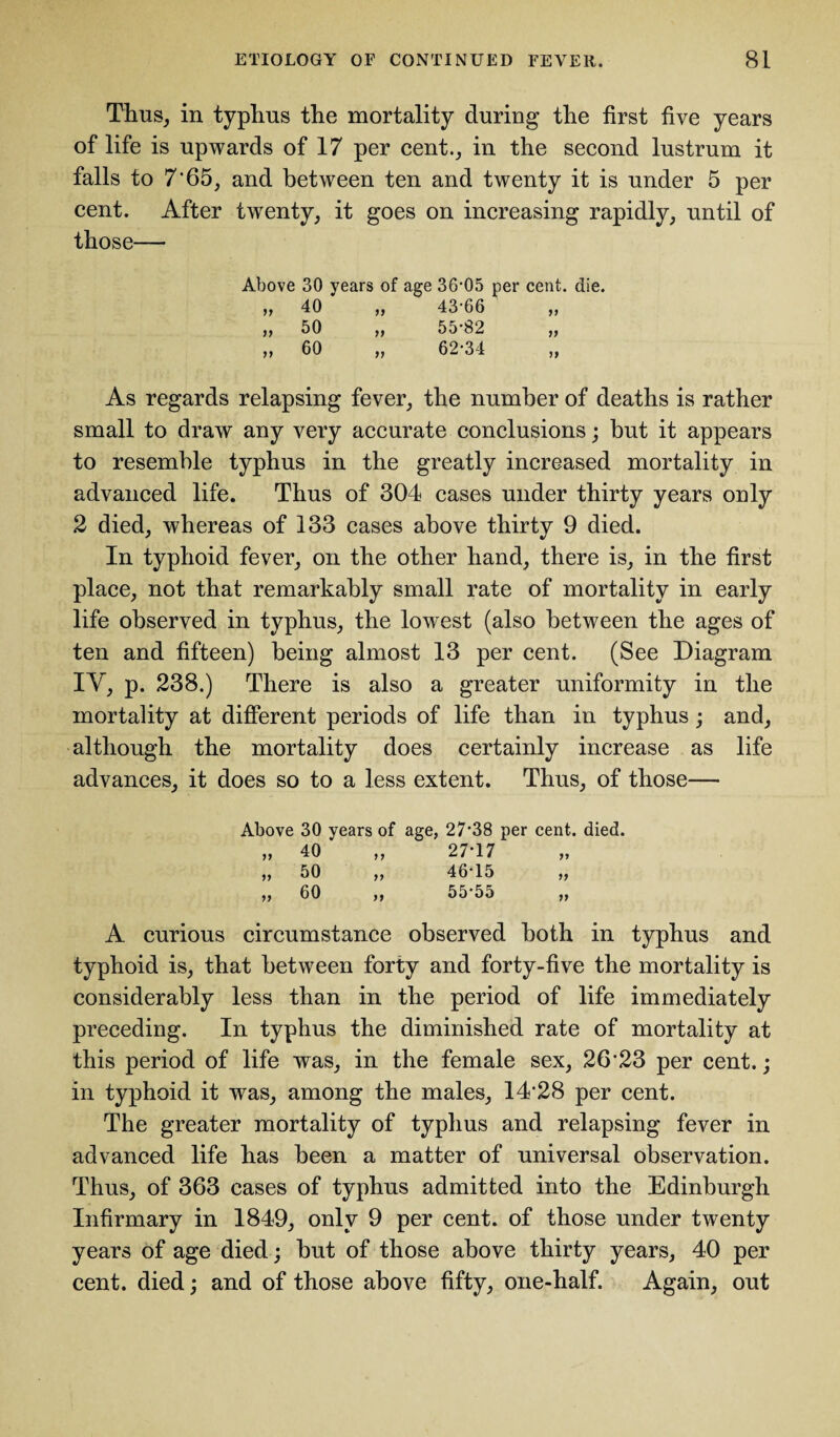 Thus, in typhus the mortality during the first five years of life is upwards of 17 per cent., in the second lustrum it falls to 7'65, and between ten and twenty it is under 5 per cent. After twenty, it goes on increasing rapidly, until of those— Above 30 years of age 36*05 per cent. die. 99 99 9) 40 50 60 43*66 55-82 62-34 99 99 As regards relapsing fever, the number of deaths is rather small to draw any very accurate conclusions; hut it appears to resemble typhus in the greatly increased mortality in advanced life. Thus of 304 cases under thirty years only 2 died, whereas of 133 cases above thirty 9 died. In typhoid fever, on the other hand, there is, in the first place, not that remarkably small rate of mortality in early life observed in typhus, the lowest (also between the ages of ten and fifteen) being almost 13 per cent. (See Diagram IV, p. 238.) There is also a greater uniformity in the mortality at different periods of life than in typhus; and, although the mortality does certainly increase as life advances, it does so to a less extent. Thus, of those— Above 30 years of age, 27*38 per cent. died. „ 40 ' „ 27-17 „ 50 „ 46-15 „ „ 60 ,, 55-55 „ A curious circumstance observed both in typhus and typhoid is, that between forty and forty-five the mortality is considerably less than in the period of life immediately preceding. In typhus the diminished rate of mortality at this period of life was, in the female sex, 26*23 per cent.; in typhoid it was, among the males, 14*28 per cent. The greater mortality of typhus and relapsing fever in advanced life has been a matter of universal observation. Thus, of 363 cases of typhus admitted into the Edinburgh Infirmary in 1849, only 9 per cent, of those under twenty years of age died; hut of those above thirty years, 40 per cent, died; and of those above fifty, one-half. Again, out