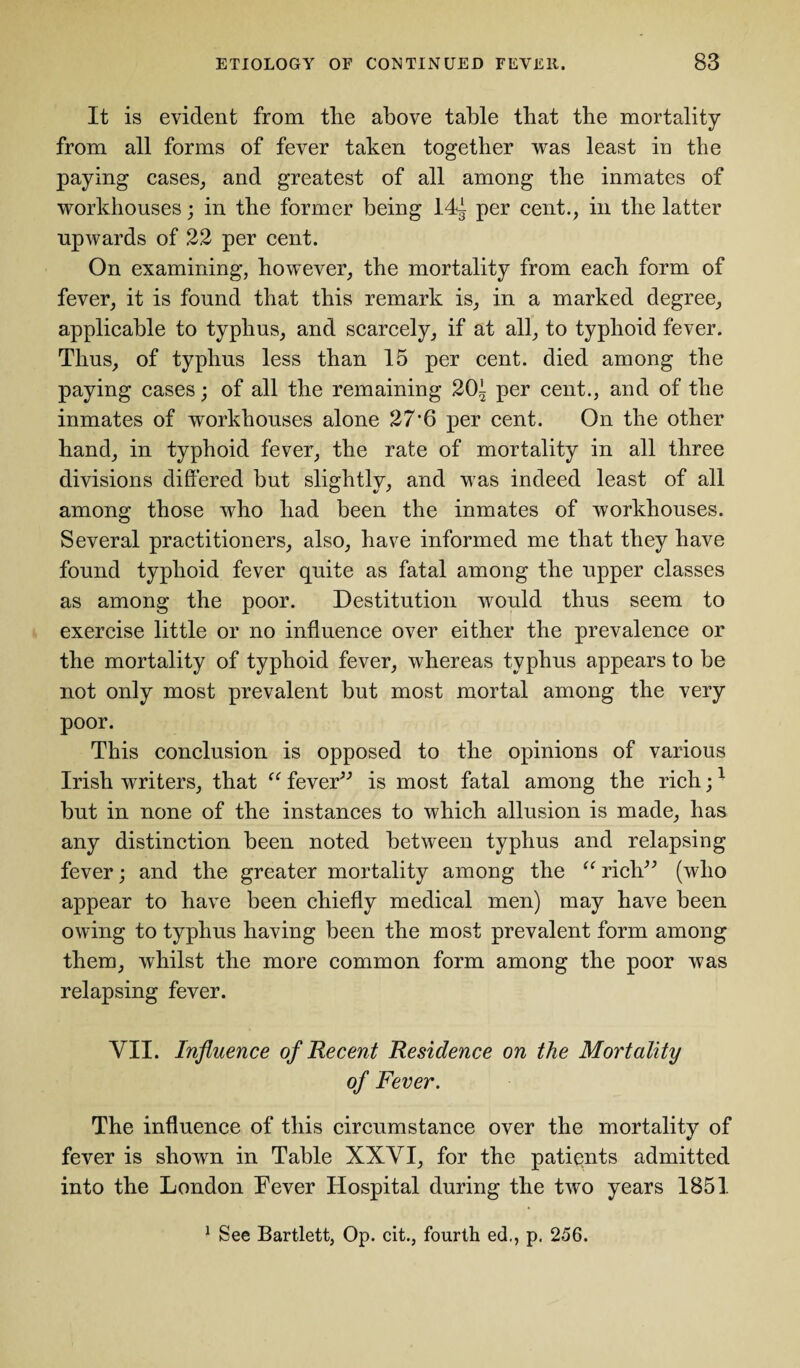 It is evident from the above table that the mortality from all forms of fever taken together was least in the paying cases, and greatest of all among the inmates of workhouses; in the former being 14t per cent., in the latter upwards of 22 per cent. On examining, however, the mortality from each form of fever, it is found that this remark is, in a marked degree, applicable to typhus, and scarcely, if at all, to typhoid fever. Thus, of typhus less than 15 per cent, died among the paying cases; of all the remaining 201 per cent., and of the inmates of workhouses alone 27*6 per cent. On the other hand, in typhoid fever, the rate of mortality in all three divisions differed but slightly, and was indeed least of all among those who had been the inmates of workhouses. Several practitioners, also, have informed me that they have found typhoid fever quite as fatal among the upper classes as among the poor. Destitution would thus seem to exercise little or no influence over either the prevalence or the mortality of typhoid fever, whereas typhus appears to be not only most prevalent but most mortal among the very poor. This conclusion is opposed to the opinions of various Irish writers, that “ fever” is most fatal among the rich;1 but in none of the instances to which allusion is made, has any distinction been noted between typhus and relapsing fever; and the greater mortality among the “ rich” (who appear to have been chiefly medical men) may have been owing to typhus having been the most prevalent form among them, whilst the more common form among the poor was relapsing fever. VII. Influence of Recent Residence on the Mortality of Fever. The influence of this circumstance over the mortality of fever is shown in Table XXVI, for the patients admitted into the London Fever Hospital during the two years 1851 1 See Bartlett, Op. cit., fourth ed., p. 256.