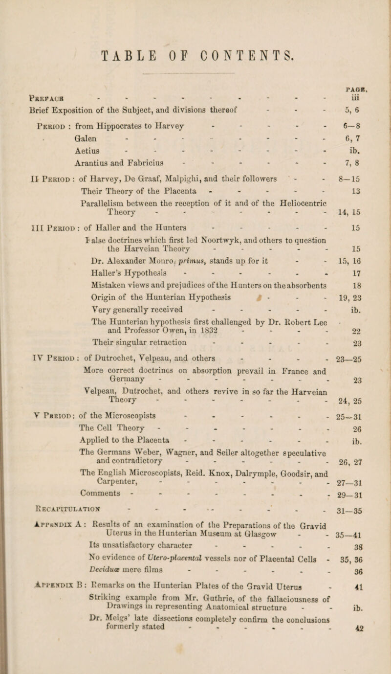 TABLE OF CONTENTS. rxoB. Preface --------- iii Brief Exposition of the Subject, and divisions thereof - - 5, 6 Period: from Hippocrates to Harvey ----- 6— 8 Galen - - • •• - - - -6, 7 Aetius - ------- ib. Arantius and Fabricius - - - - - - 7, 8 II Period : of Harvey, De Graaf, Malpighi, and their followers - - 8—15 Their Theory of the Placenta ----- 13 Parallelism between the reception of it and of the Heliocentric Theory - - - - - - 14, 15 III Period : of Haller and the Hunters ----- 15 I alse doctrines which first led Noortwyk, and others to question the Harveian Theory - - - - - 15 Dr. Alexander Monro, primus, stands up for it 15, 16 Haller’s Hypothesis ... - - 17 Mistaken views and prejudices of the Hunters on the absorbents 18 Origin of the Hunterian Hypothesis / - - - 19, 23 Very generally received ----- ib. The Hunterian hypothesis first challenged by Dr. Robert Lee and Professor Owen, in 1832 22 Their singular retraction ----- 23 IV Period: of Dutrochet, Velpeau, and others - - - 23—25 More correct doctrines on absorption prevail in France and Germany ------- 23 Velpeau, Dutrochet, and others revive in so far the Harveian Theory.- - 24, 25 V Pbbiod: of the Microscopists ------ 25—31 The Cell Theory - -- -- .-26 Applied to the Placenta ------ ib. The Germans Weber, Wagner, and Seiler altogether speculative and contradictory ------ 26, 27 The English Microscopists, Reid. Knox, Dalrymple, Goodsir, and Carpenter, 27—31 Comments -------- 29—31 Recapitulation - - ... . . 31—35 AppkndixA: Results of an examination of the Preparations of the Gravid Uterus in the Hunterian Museum at Glasgow - - 35_41 Its unsatisfactory character 33 No evidence of Utero-placental vessels nor of Placental Cells - 35, 36 Deciduae mere films ----._ 35 Appendix B: Remarks on the Hunterian Plates of the Gravid Uterus - 41 Striking example from Mr. Guthrie, of the fallaciousness of Drawings m representing Anatomical structure - - ib. Dr. Meigs late dissections completely confirm the conclusions formerly stated ------ 42