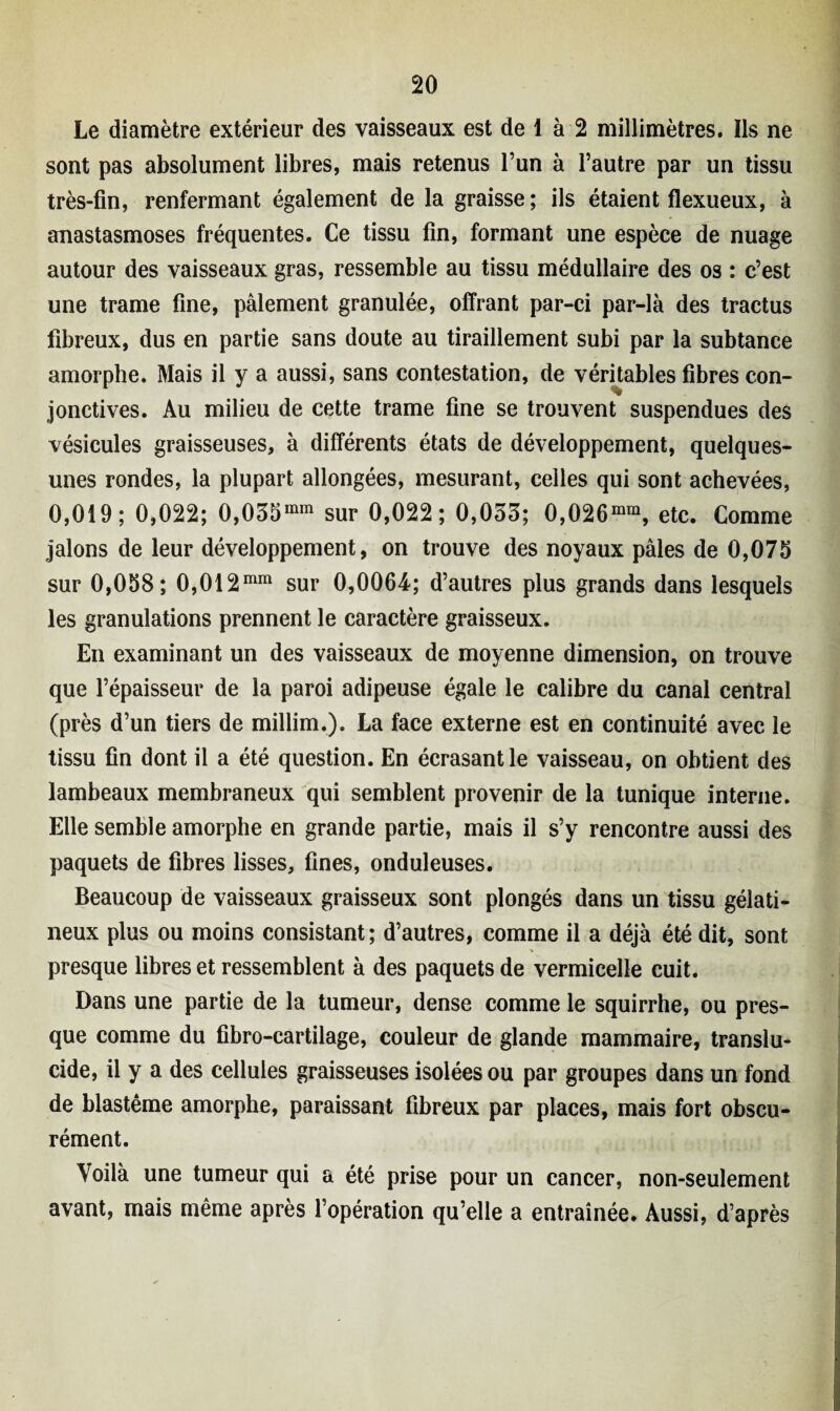 Le diamètre extérieur des vaisseaux est de 1 à 2 millimètres. Ils ne sont pas absolument libres, mais retenus l’un à l’autre par un tissu très-fin, renfermant également de la graisse ; ils étaient flexueux, à anastasmoses fréquentes. Ce tissu fin, formant une espèce de nuage autour des vaisseaux gras, ressemble au tissu médullaire des os : c’est une trame fine, paiement granulée, offrant par-ci par-là des tractus fibreux, dus en partie sans doute au tiraillement subi par la subtance amorphe. Mais il y a aussi, sans contestation, de véritables fibres con¬ jonctives. Au milieu de cette trame fine se trouvent suspendues des vésicules graisseuses, à différents états de développement, quelques- unes rondes, la plupart allongées, mesurant, celles qui sont achevées, 0,019; 0,022; 0,035mm sur 0,022; 0,033; 0,026rara, etc. Comme jalons de leur développement, on trouve des noyaux pâles de 0,075 sur 0,058; 0,012mm sur 0,0064-; d’autres plus grands dans lesquels les granulations prennent le caractère graisseux. En examinant un des vaisseaux de moyenne dimension, on trouve que l’épaisseur de la paroi adipeuse égale le calibre du canal central (près d’un tiers de millim.). La face externe est en continuité avec le tissu fin dont il a été question. En écrasant le vaisseau, on obtient des lambeaux membraneux qui semblent provenir de la tunique interne. Elle semble amorphe en grande partie, mais il s’y rencontre aussi des paquets de fibres lisses, fines, onduleuses. Beaucoup de vaisseaux graisseux sont plongés dans un tissu gélati¬ neux plus ou moins consistant; d’autres, comme il a déjà été dit, sont presque libres et ressemblent à des paquets de vermicelle cuit. Dans une partie de la tumeur, dense comme le squirrhe, ou pres¬ que comme du fibro-cartilage, couleur de glande mammaire, translu¬ cide, il y a des cellules graisseuses isolées ou par groupes dans un fond de blastème amorphe, paraissant fibreux par places, mais fort obscu¬ rément. Voilà une tumeur qui a été prise pour un cancer, non-seulement avant, mais même après l’opération qu’elle a entraînée. Aussi, d’après