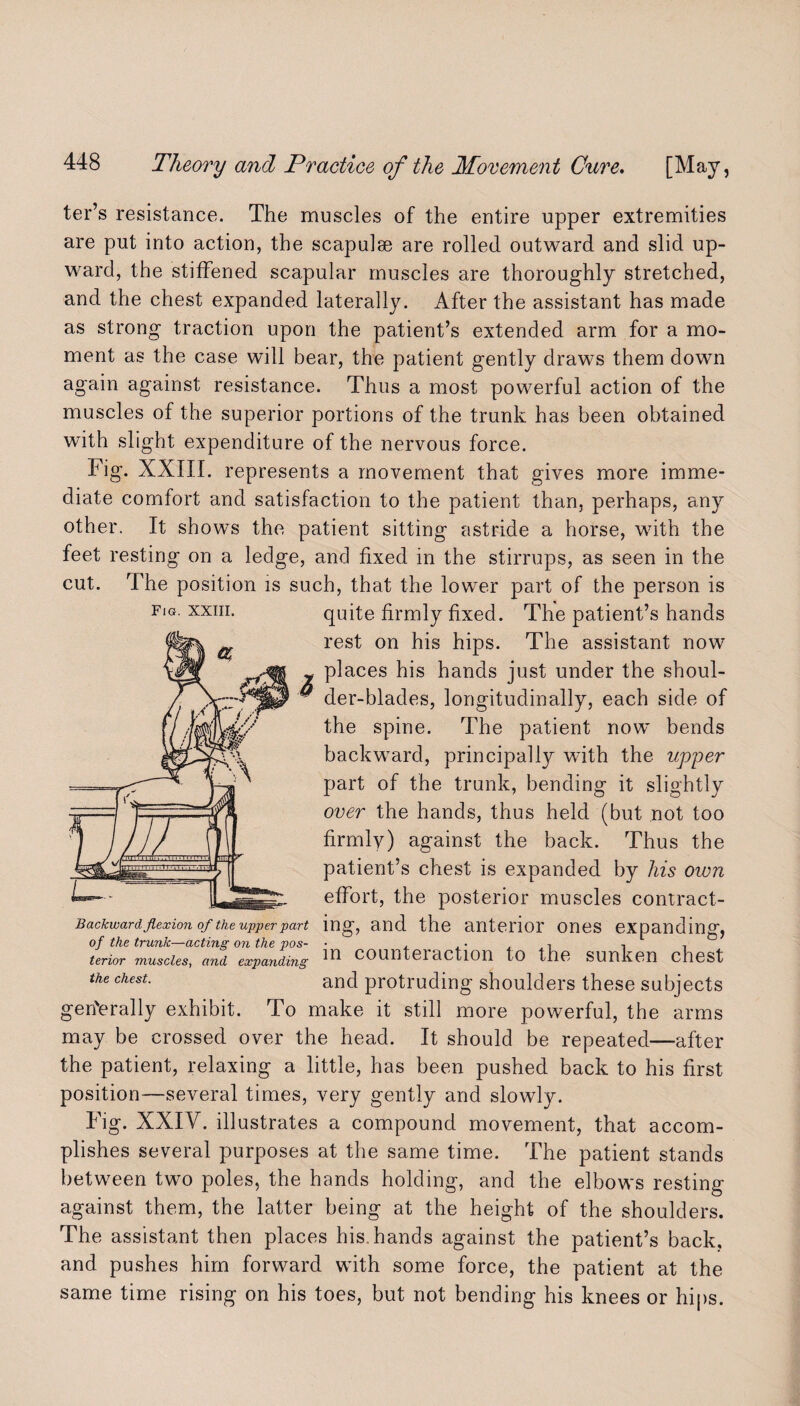 ter’s resistance. The muscles of the entire upper extremities are put into action, the scapulae are rolled outward and slid up¬ ward, the stiffened scapular muscles are thoroughly stretched, and the chest expanded laterally. After the assistant has made as strong traction upon the patient’s extended arm for a mo¬ ment as the case will bear, the patient gently draws them down again against resistance. Thus a most powerful action of the muscles of the superior portions of the trunk has been obtained with slight expenditure of the nervous force. Fig. XXIII. represents a movement that gives more imme¬ diate comfort and satisfaction to the patient than, perhaps, any other. It shows the patient sitting astride a horse, with the feet resting on a ledge, and fixed in the stirrups, as seen in the cut. The position is such, that the lower part of the person is fig. xxiii. quite firmly fixed. The patient’s hands rest on his hips. The assistant now y places his hands just under the shoul- ** der-blades, longitudinally, each side of the spine. The patient now bends backward, principally with the upper part of the trunk, bending it slightly over the hands, thus held (but not too firmly) against the back. Thus the patient’s chest is expanded by his own effort, the posterior muscles contract- Backward flexion of the upper part ing, and the anterior ones expanding, of the trunk—acting on the pos- • . • . , terior muscles, and expanding ^ COUntei action to the Sunken chest the chesL and protruding shoulders these subjects generally exhibit. To make it still more powerful, the arms may be crossed over the head. It should be repeated—after the patient, relaxing a little, has been pushed back to his first position—several times, very gently and slowly. Fig. XXIV. illustrates a compound movement, that accom¬ plishes several purposes at the same time. The patient stands between two poles, the hands holding, and the elbows resting against them, the latter being at the height of the shoulders. The assistant then places his. hands against the patient’s back, and pushes him forward with some force, the patient at the same time rising on his toes, but not bending his knees or hips.