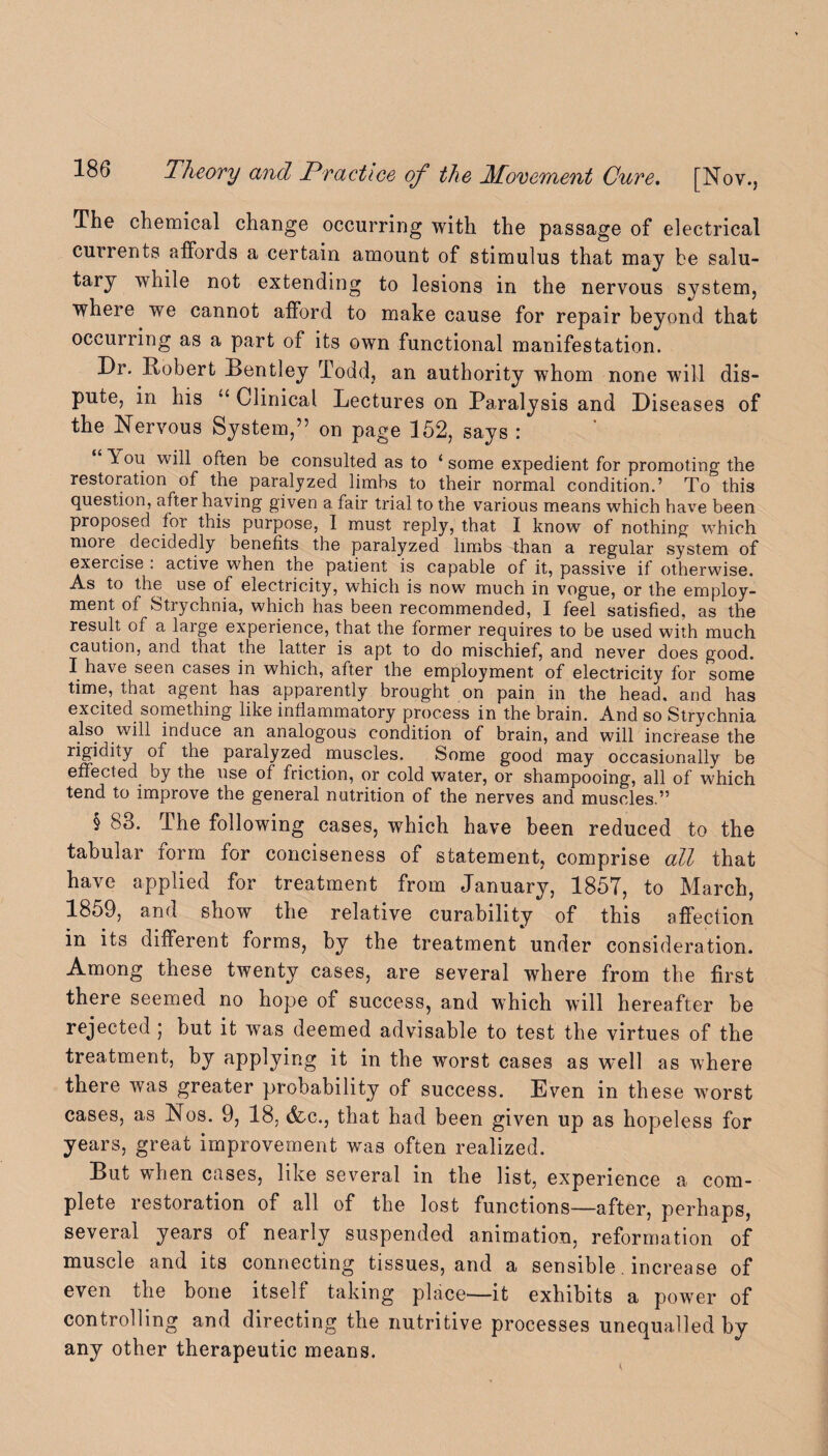 The chemical change occurring with the passage of electrical currents affords a certain amount of stimulus that may be salu¬ tary while not extending to lesions in the nervous system, where we cannot afford to make cause for repair beyond that occurring as a part of its own functional manifestation. Dr. Robert Bentley Todd, an authority whom none will dis¬ pute, in his “ Clinical Lectures on Paralysis and Diseases of the Nervous System,” on page 152, says : You will often be consulted as to ‘ some expedient for promoting the restoration of the paralyzed limbs to their normal condition.’ To this question, after having given a fair trial to the various means which have been proposed lor this purpose, I must reply, that I know of nothing which more decidedly benefits the paralyzed limbs than a regular system of exercise . active when the patient is capable of it, passive if otherwise. As to the use of electricity, which is now much in vogue, or the employ- ment of Strychnia, which has been recommended, I feel satisfied, as the result of a large experience, that the former requires to be used with much caution, and that the latter is apt to do mischief, and never does good. I have seen cases in which, after the employment of electricity for some time, that agent has apparently brought on pain in the head, and has excited something like inflammatory process in the brain. And so Strychnia also will induce an analogous condition of brain, and will increase the rigidity of the paralyzed muscles. Some good may occasionally be effected by the use of friction, or cold water, or shampooing, all of which tend to improve the general nutrition of the nerves and muscles.” § 83. The following cases, which have been reduced to the tabular form for conciseness of statement, comprise all that have applied for treatment from January, 185T, to March, 1859, and show the relative curability of this affection in its different forms, by the treatment under consideration. Among these twenty cases, are several where from the first there seemed no hope of success, and which will hereafter be rejected ; but it was deemed advisable to test the virtues of the treatment, by applying it in the worst cases as well as where there was greater probability of success. Even in these worst cases, as Nos. 9, 18, &c., that had been given up as hopeless for years, great improvement was often realized. But when cases, like several in the list, experience a com¬ plete restoration of all of the lost functions—after, perhaps, several years of nearly suspended animation, reformation of muscle and its connecting tissues, and a sensible increase of even the bone itself taking place—it exhibits a power of controlling and directing the nutritive processes unequalled by any other therapeutic means.