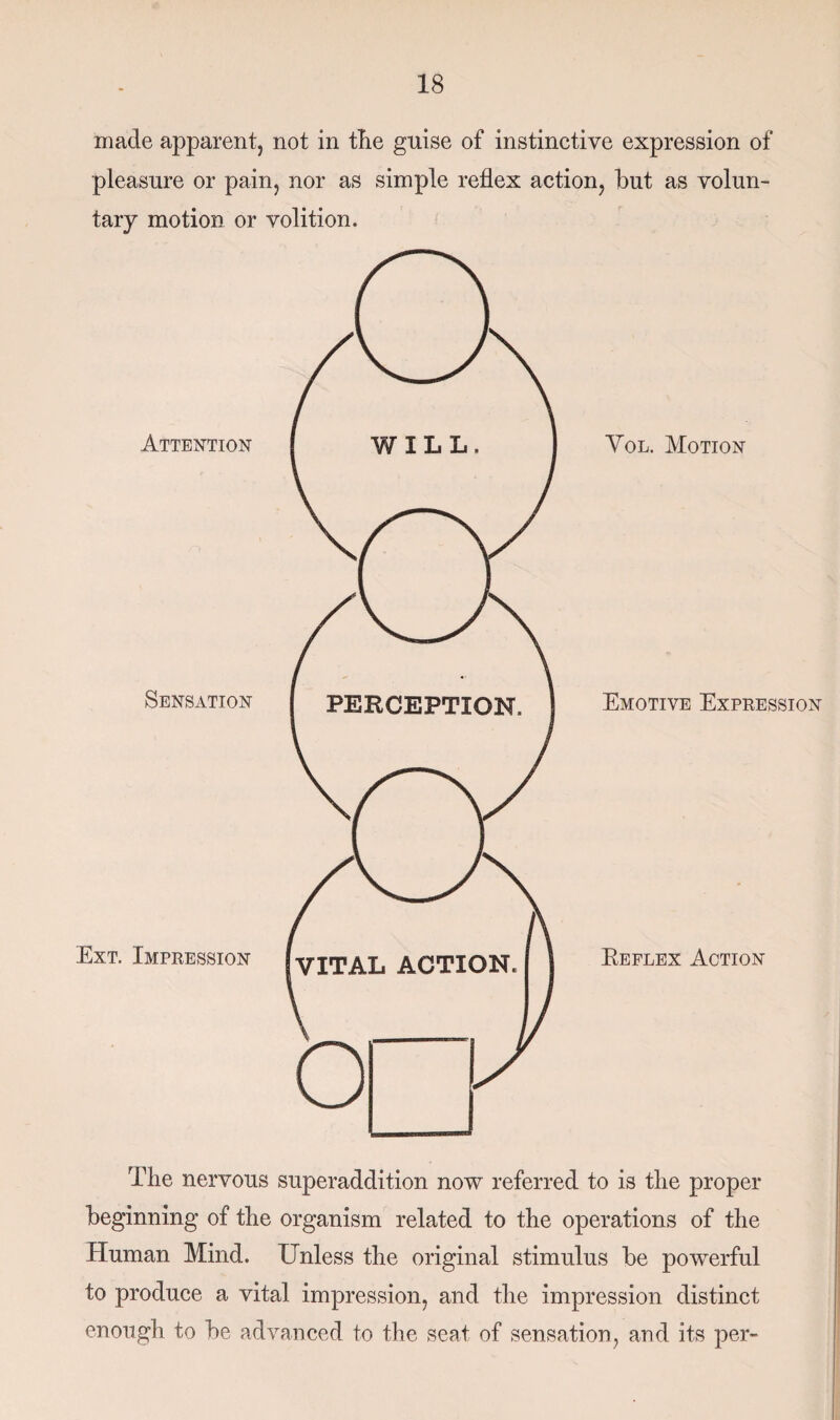 made apparent, not in the guise of instinctive expression of pleasure or pain, nor as simple reflex action, but as volun¬ tary motion or volition. Attention Sensation Ext. Impression Vol. Motion Emotive Expression Reflex Action The nervous superaddition now referred to is the proper beginning of the organism related to the operations of the Human Mind. Unless the original stimulus be powerful to produce a vital impression, and the impression distinct enough to be advanced to the seat of sensation, and its per-