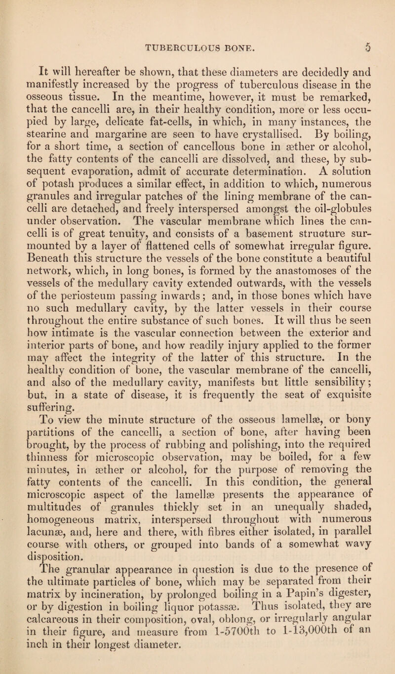 It will hereafter be shown, that these diameters are decidedly and manifestly increased by the progress of tuberculous disease in the osseous tissue. In the meantime, however, it must be remarked, that the cancelli are, in their healthy condition, more or less occu¬ pied by large, delicate fat-cells, in which, in many instances, the stearine and margarine are seen to have crystallised. By boiling, for a short time, a section of cancellous bone in aether or alcohol, the fatty contents of the cancelli are dissolved, and these, by sub¬ sequent evaporation, admit of accurate determination. A solution of potash produces a similar effect, in addition to which, numerous granules and irregular patches of the lining membrane of the can¬ celli are detached, and freely interspersed amongst the oil-globules under observation. The vascular membrane which lines the can¬ celli is of great tenuity, and consists of a basement structure sur¬ mounted by a layer of flattened cells of somewhat irregular figure. Beneath this structure the vessels of the bone constitute a beautiful network, which, in long bones, is formed by the anastomoses of the vessels of the medullary cavity extended outwards, with the vessels of the periosteum passing inwards; and, in those bones which have no such medullary cavity, by the latter vessels in their course throughout the entire substance of such bones. It will thus be seen how intimate is the vascular connection between the exterior and interior parts of bone, and how readily injury applied to the former may affect the integrity of the latter of this structure. In the healthy condition of bone, the vascular membrane of the cancelli, and also of the medullary cavity, manifests but little sensibility; but, in a state of disease, it is frequently the seat of exquisite suffering. To view the minute structure of the osseous lamellse, or bony partitions of the cancelli, a section of bone, after having been brought, by the process of rubbing and polishing, into the required thinness for microscopic observ^ation, may be boiled, for a few minutes, in aether or alcohol, for the purpose of removing the fatty contents of the cancelli. In this condition, the general microscopic aspect of the lamellae presents the appearance of multitudes of granules thickly set in an unequally shaded, homogeneous matrix, interspersed throughout with numerous lacunae, and, here and there, with fibres either isolated, in parallel course with others, or grouped into bands of a somewhat wavy disposition. The granular appearance in question is due to the presence of the ultimate particles of bone, which may be separated from their matrix by incineration, by prolonged boiling in a Papin’s digester, or by digestion in boiling liquor potassae. Thus isolated, they are calcareous in their composition, oval, oblong, or irregularly angular in their figure, and measure from l-570()th to 1-13,000th of an inch in their longest diameter.