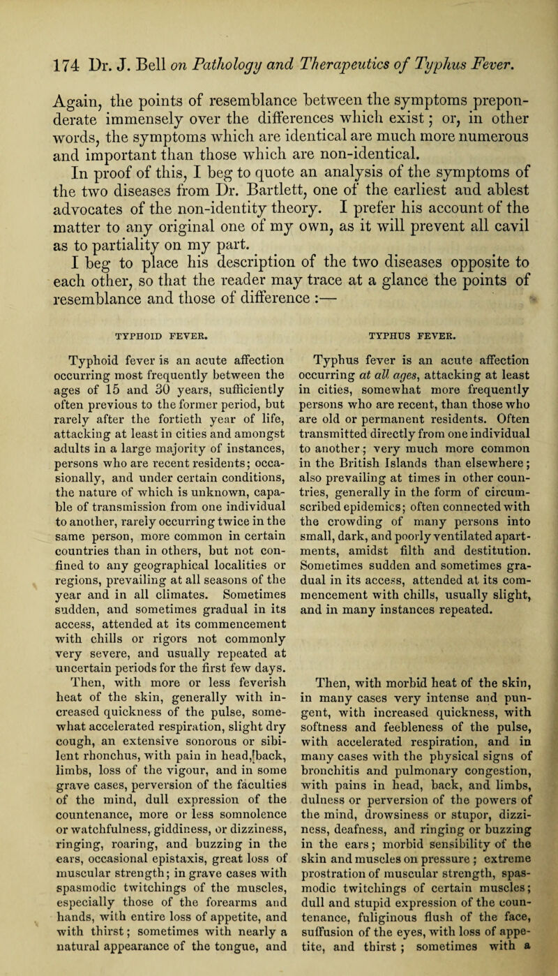 Again, the points of resemblance between the symptoms prepon¬ derate immensely over the differences which exist; or, in other words, the symptoms which are identical are much more numerous and important than those which are non-identical. In proof of this, I beg to quote an analysis of the symptoms of the two diseases from Dr. Bartlett, one of the earliest and ablest advocates of the non-identity theory. I prefer his account of the matter to any original one of my own, as it will prevent all cavil as to partiality on my part. I beg to place his description of the two diseases opposite to each other, so that the reader may trace at a glance the points of resemblance and those of difference :— TYPHOID FEVER. Typhoid fever is an acute affection occurring most frequently between the ages of 15 and 30 years, sufficiently often previous to the former period, but rarely after the fortieth year of life, attacking at least in cities and amongst adults in a large majority of instances, persons who are recent residents; occa¬ sionally, and under certain conditions, the nature of which is unknown, capa¬ ble of transmission from one individual to another, rarely occurring twice in the same person, more common in certain countries than in others, but not con¬ fined to any geographical localities or regions, prevailing at all seasons of the year and in all climates. Sometimes sudden, and sometimes gradual in its access, attended at its commencement with chills or rigors not commonly very severe, and usually repeated at uncertain periods for the first few days. Then, with more or less feverish heat of the skin, generally with in¬ creased quickness of the pulse, some¬ what accelerated respiration, slight dry cough, an extensive sonorous or sibi- lent rhonchus, with pain in head,[back, limbs, loss of the vigour, and in some grave cases, perversion of the faculties of the mind, dull expression of the countenance, more or less somnolence or watchfulness, giddiness, or dizziness, ringing, roaring, and buzzing in the cars, occasional epistaxis, great loss of muscular strength; in grave cases with spasmodic twitchings of the muscles, especially those of the forearms and hands, with entire loss of appetite, and with thirst; sometimes with nearly a natural appearance of the tongue, and TYPHUS FEVER. Typhus fever is an acute affection occurring at all ages, attacking at least in cities, somewhat more frequently persons who are recent, than those who are old or permanent residents. Often transmitted directly from one individual to another; very much more common in the British Islands than elsewhere; also prevailing at times in other coun¬ tries, generally in the form of circum¬ scribed epidemics; often connected with the crowding of many persons into small, dark, and poorly ventilated apart¬ ments, amidst filth and destitution. Sometimes sudden and sometimes gra¬ dual in its access, attended at its com¬ mencement with chills, usually slight, and in many instances repeated. Then, with morbid heat of the skin, in many cases very intense and pun¬ gent, with increased quickness, with softness and feebleness of the pulse, with accelerated respiration, and in many cases with the physical signs of bronchitis and pulmonary congestion, with pains in head, back, and limbs, dulness or perversion of the powers of the mind, drowsiness or stupor, dizzi¬ ness, deafness, and ringing or buzzing in the ears; morbid sensibility of the skin and muscles on pressure ; extreme prostration of muscular strength, spas¬ modic twitchings of certain muscles; dull and stupid expression of the coun¬ tenance, fuliginous flush of the face, suffusion of the eyes, with loss of appe¬ tite, and thirst ; sometimes with a