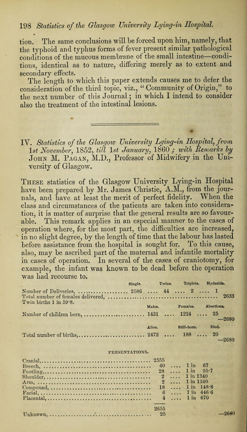 tion. The same conclusions will be forced upon him, namely, that the typhoid and typhus forms of fever present similar pathological conditions of the mucous membrane of the small intestine—condi¬ tions, identical as to nature, differing merely as to extent and secondary effects. The length to which this paper extends causes me to defer the consideration of the third topic, viz., “ Community of Origin,” to the next number of this Journal; in which I intend to consider also the treatment of the intestinal lesions. IY. Statistics of the Glasgow University Lging-in Hospital, from ls£ November, 1852, till lstf January, 1860; with Remarks by John M. Pagan, M.D., Professor of Midwifery in the Uni¬ versity of Glasgow. These statistics of the Glasgow University Lying-in Hospital have been prepared by Mr. James Christie, A.M., from the jour¬ nals, and have at least the merit of perfect fidelity. When the class and circumstances of the patients are taken into considera¬ tion, it is matter of surprise that the general results are so favour¬ able. This remark applies in an especial manner to the cases of operation where, for the most part, the difficulties are increased, in no slight degree, by the length of time that the labour has lasted before assistance from the hospital is sought for. To this cause, also, may be ascribed part of the maternal and infantile mortality in cases of operation. In several of the cases of craniotomy, for example, the infant was known to be dead before the operation was had recourse to. Single. Twins. Triplets. Hydatids. Number of Deliveries, . 2586 .... 44 .... 2 .... 1 Total number of females delivered, . 2633 Twin births 1 in 59’8. Males. Females. Abortions, Number of children born,. 1431 .... 1224 .... 25 —2680 Alive. Still-born. Died. Total number of births,. 2472 .... 188 .... 20 —2680 PRESENTATIONS. Cranial,. 2555 Breech, . 40 .... 1 in 67 Footling,. 28 .... 1 in 95*7 Shoulder,. 2 .... 1 in 1340 Arm, . 2 .... 1 in 1340 Compound,. 18 —. 1 in 148’8 Facial,. 6 .... 1 in 446 6 Placental,. 4 .... 1 in 670 Unknown 2655 25 —2680