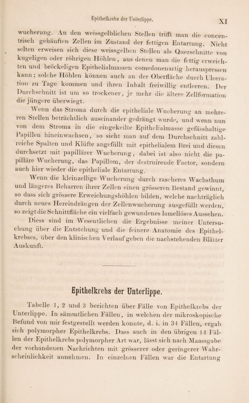 Wucherung. An den weissgelblichen Stellen trifft man die concen- trisch gehäuften Zellen im Zustand der fettigen Entartung. Nicht selten erweisen sich diese weissgelben Stellen als Querschnitte von kugeligen oder rührigen Höhlen, aus denen man die fettig erweich- u cl biockeli0en Lpithelialmassen comedon011 artig' herauspress’en kann ; solche Höhlen können auch an der Oberfläche durch ülcera- ti°n zu Tage kommen und ihren Inhalt freiwillig entleeren. Der Durchschnitt ist um so trockener, je mehr die ältere Zellformation die jüngere überwiegt. Wenn das Stroma durch die epitheliale Wucherung an mehre- icn Stellen beträchtlich auseinander gedrängt wurde, und wenn nun von dem Stroma in die eingekeilte Epithelialmasse gefässhaltige Papillen hineinwachsen, so sieht man auf dem Durchschnitt zahl¬ reiche Spalten und Klüfte angefüllt mit epithelialem Brei und diesen durchsetzt mit papillärer Wucherung, dabei ist also nicht die pa¬ pilläre Wucherung, das Papillom, der destruirende Factor, sondern auch hier wieder die epitheliale Entartung. Wenn die kleinzellige Wucherung durch rascheres Wachsthum und längeres Beharren ihrer Zellen einen grösseren Bestand gewinnt, so dass sich giösseie Erweichungshöhlen bilden, welche nachträglich durch neues Hereindrängen der Zellenwucherung ausgefüllt werden, so zeigt die Schnittfläche ein vielfach gewundenes lamellöses Aussehen. Diess sind im Wesentlichen die Ergebnisse meiner Untersu¬ chung über die Entstehung und die feinere Anatomie des Epithel- kiebses, über den klinischen I erlauf geben die nachstehenden Blätter Auskunft. Epitlielkrebs der Unterlippe. labelle 1, 2 und 3 berichten über Fälle von Epithelkrebs der Enterlippe. In sämmtlichen Fällen, in welchen der mikroskopische Befund von mir festgestellt werden konnte, d. i. in 34 Fällen, ergab sich polymorpher Epithelkrebs. Dass auch in den übrigen 14 Fäl¬ len der Epithelkrebs polymorpher Art war, lässt sich nach Maassgabe der vorhandenen Nachrichten mit grösserer oder geringerer Wahr¬ scheinlichkeit annehmen. In einzelnen Fällen war die Entartung