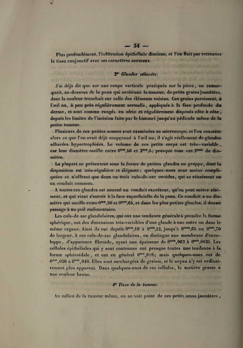 Plus profondément, l’infiltration épithéliale diminue, et l’on finit par retrouver- le tissu conjonctif avec ses caractères normaux. 2# Glandes sébacées. J’ai déjà dit que sur une coupe verticale pratiquée sur la pièce, on remar¬ quait, au-dessous de la peau qui avoisinait la tumeur, de petits grains jaunâtres, dont la couleur tranchait sur celle des éléments voisins. Ces grains paraissent, & l’œil nu, à peu près régulièrement arrondis, appliqués à la face profonde du derme, et sont comme rangés en série et régulièrement disposés côte à côte r depuis les limites de l’incision faite par le bistouri jusqu’au pédicule même de la petite tumeur. Plusieurs de ces petites masses sont examinées au microscope, et l’on constate alors ce que l’on avait déjà soupçonné à l’œil nu; il s’agit réellement de glandes, sébacées hypertrophiées. Le volume de ces petits corps est très - variable T car leur diamètre oscille entre 0mm,50 et 2mm,5 ; presque tous ont 2ram de dia¬ mètre. La plupart se présentent sous la forme de petites glandes en gràppe, dont la disposition est très-régulière et élégante ; quelques-unes sont moins compli¬ quées et n’offrent que deux ou trois culs-de-sac ovoïdes, qui se réunissent en un conduit commun. A toutes ces glandes est annexé un conduit excréteur, qu’on peut suivre aisé¬ ment, et qui vient s’ouvrir à la face superficielle de la peau. Ce conduit a un dia¬ mètre qui oscille entre 0mm,30 et 0mm,65, et dans les plus petites glandes, il donne passage à un poil rudimentaire. Les culs-de-sac glandulaires, qui ont une tendance générales prendre la forme sphérique, ont des dimensions très-variables d’une glande aune autre ou dans le même organe. Ainsi ils ont depuis 0mm,10 à 0ram,12, jusqu’à 0mm,65 ou 0mm,70 de largeur. A ces culs-de-sac glandulaires, on distingue une membrane d’enve¬ loppe, d’apparence fibroïde, ayant une épaisseur de 0mm,002 à 0mm,0025. Les cellules épithéliales qui y sont contenues ont presque toutes une tendance à la forme sphéroïdale, et ont en général 0mir',0l6; mais quelques-unes ont de 0mm,020 à 0mm, 040. Elles sont surchargées de graisse, et le noyau n’y est ordinai¬ rement plus apparent. Dans quelques-unes de ces cellules, la matière grasse a une couleur brune. 4° Tissu de la tumeur. Au milieu de la tumeur même, on ne voit point de ces petits amas jaunâtres v