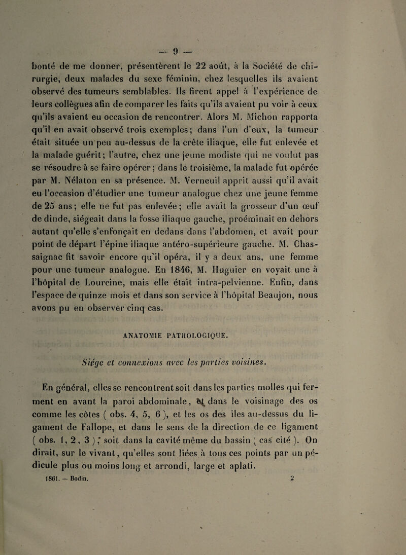 bonté de me donner, présentèrent le 22 août, à la Société de chi¬ rurgie, deux malades du sexe féminin, chez lesquelles ils avaient observé des tumeurs semblables. Ils firent appel à l’expérience de leurs collègues afin de comparer les faits qu’ils avaient pu voir à ceux qu’ils avaient eu occasion de rencontrer. Alors M. Michon rapporta qu’il en avait observé trois exemples; dans l’un d’eux, la tumeur était située un peu au-dessus de la crête iliaque, elle fut enlevée et la malade guérit; l’autre, chez une jeune modiste qui ne voulut pas se résoudre à se faire opérer; dans le troisième, la malade fut opérée par M. Nélalon en sa présence. M. Verneui! apprit aussi qu’il avait eu l’occasion d’étudier une tumeur analogue chez une jeune femme de 25 ans; elle ne fut pas enlevée; elle avait la grosseur d’un œuf de dinde, siégeait dans la fosse iliaque gauche, proéminait en dehors autant qu’elle s’enfonçait en dedans dans l’abdomen, et avait pour point de départ l’épine iliaque antéro-supérieure gauche. M. Chas- saignac fit savoir encore qu’il opéra, il y a deux ans, une femme pour une tumeur analogue. En 1846, M. Huguier en voyait une à l’hôpital de Lourcine, mais elle était intra-pelvienne. Enfin, dans l’espace de quinze mois et dans son service à l’hôpital Beaujon, nous avons pu en observer cinq cas. ANATOMIE PATHOLOGIQUE. Siège et connexions avec les parties voisines. En général, elles se rencontrent soit dans les parties molles qui fer¬ ment en avant la paroi abdominale, dans le voisinage des os comme les côtes ( obs. 4, 5, 6 ), et les os des des au-dessus du li¬ gament de Fallope, et dans le sens de la direction de ce ligament ( obs. 1,2, 3 ) * soit dans la cavité même du bassin ( cas cité ). On dirait, sur le vivant, qu’elles sont liées à tous ces points par un pé¬ dicule plus ou moins long et arrondi, large et aplati. 1801. — Bodin. 2