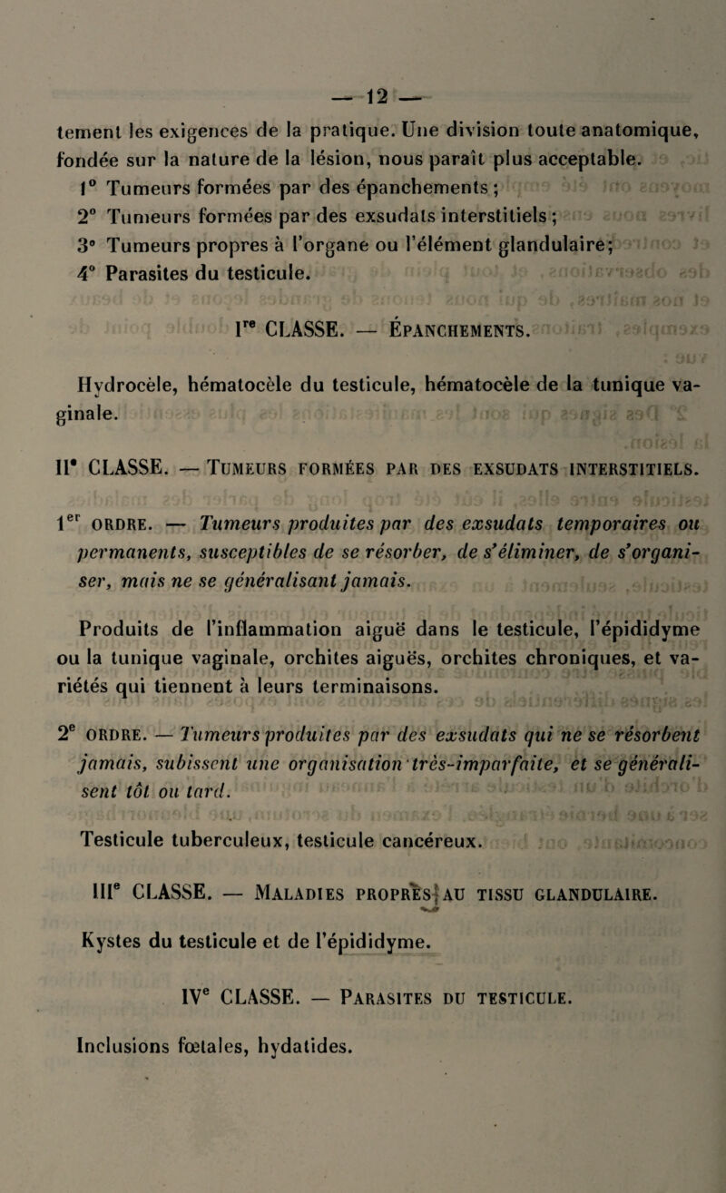 tement les exigences de la pratique. Une division toute anatomique, fondée sur la nature de la lésion, nous parait plus acceptable. 1° Tumeurs formées par des épanchements; 2° Tumeurs formées par des exsudais interstitiels ; 3° Tumeurs propres à l’organe ou l’élément glandulaire; 4° Parasites du testicule. onot (up sb h F r CLASSE. — Épanchements. Hydrocèle, hématocèle du testicule, hématocèle de la tunique va- II* CLASSE. — Tumeurs formées par des exsudats interstitiels. J y . . J ' • T r i ' , ■ ■ n ; VT * 4 } ‘ ( 7 | TCfl |Q cq tjrrû 1er ordre. — Tumeurs produites par des exsudats temporaires ou permanents, susceptibles de se résorber, de s'éliminer, de s'organi¬ ser,, mais ne se généralisant jamais. Produits de l’inflammation aiguë dans le testicule, l’épididyme ou la tunique vaginale, orchites aiguës, orchites chroniques, et va¬ riétés qui tiennent à leurs terminaisons. 2e ordre. — Tumeurs produites par des exsudats qui ne se résorbent jamais, subissent une organisation très-imparfaite, et se générali¬ sent tôt ou tard. Testicule tuberculeux, testicule cancéreux. IIIe CLASSE. — Maladies propres!au tissu glandulaire. Kystes du testicule et de Fépididyme. IVe CLASSE. — Parasites du testicule. Inclusions fœtales, hydatides.