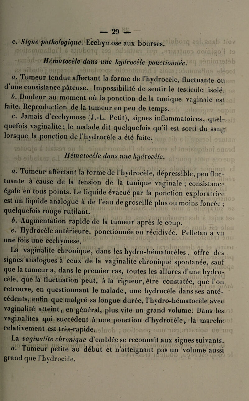 c. Signe pathologique. Ecchyrr.ose aux bourses. • ' V. * ■ • Ur ’• JUUJ U04UU|U l Hématocèle dans une hydrocèle ponctionnée. а. Tumeur tendue affectant la forme de l’hydrocèle, fluctuante ou d une consistance pâteuse. Impossibilité de sentir le tesiicule isolé. б. Douleur au moment où la ponction delà tunique vaginale est faite. Reproduction de la tumeur en peu de temps. c. Jamais d’ecchymose (J.-L. Petit), signes inflammatoires, quel¬ quefois vaginalite; le malade dit quelquefois qu’il est sorti du sang lorsque la ponction de l’hydrocèle a été faite. Hématocèle dans une hydrocèle. a. Tumeur affectant la forme de l’hydrocèle, dépressible, peu fluc¬ tuante à cause de la tension de ia tunique vaginale ; consistance égalé en tous points. Le liquide évacué par la ponction exploratrice est un liquide analogue à de l’eau de groseille plus ou moins foncée ; quelquefois rouge rutilant. b. Augmentation rapide de la tumeur après le coup. e. Hydrocèle antérieure, ponctionnée ou récidivée. Pelletan a vu une fois une ecchymese. La vaginalite chronique, dans les hydro-hématocèles, offre des signes analogues à ceux de la vaginalite chronique spontanée, sauf que la tumeur a, dans le premier cas, toutes les allures d’une hydro¬ cèle, que la fluctuation peut, à la rigueur, être constatée, que l’on retrouve, en questionnant le malade, une hydrocèle dans ses anté¬ cédents, enfin que malgré sa longue durée, l’hydro-hématocèîe avec vaginalité atteint, en général, plus vite un grand volume. Dans les vaginalites qui succèdent à une ponction d’hydrocèle, la marche relativement est très-rapide. La vaginalite chronique d’emblée se reconnaît aux signes suivants. a. Tumeur petite au début et n’atteignant pas un volume aussi grand que l’hvdrocèle.