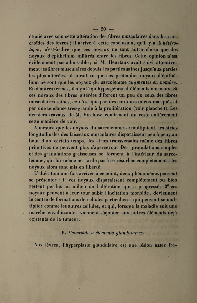 étudié avec soin cette altération des fibres musculaires dans les can- croïdes des lèvres ; il arrive à cette conclusion, qu’il y a là hétéro¬ topie, c’est-à-dire que ces noyaux ne sont autre chose que des noyaux d’épithélium infiltrés entre les fibres. Cette opinion n’est évidemment pas admissible ; si M. Heurtaux avait suivi attentive¬ ment les fibres musculaires depuis les parties saines jusqu’aux parties les plus altérées, il aurait vu que ces prétendus noyaux d’épithé¬ lium ne sont que les noyaux du sarcolemme augmentés en nombre. En d’autres termes, il n’y a là qu’hypergénèse d’éléments normaux. Si ces noyaux des fibres altérées diffèrent un peu de ceux des fibres musculaires saines, ce n’est que par des contours mieux marqués et par une tendance très-grande à la prolifération (voir planche i). Les derniers travaux de M. Virchow confirment du reste entièrement cette manière de voir. A mesure que les noyaux du sarcolemme se multiplient, les stries longitudinales des faisceaux musculaires disparaissent peu à peu; au bout d’un certain temps, les stries transversales même des fibres primitives ne peuvent plus s’apercevoir. Des granulations simples et des granulations graisseuses se forment à l’intérieur du sarco¬ lemme, qui lui-même ne tarde pas à se résorber complètement : les noyaux alors sont mis en liberté. L’altération une fois arrivée à ce point, deux phénomènes peuvent se présenter : 1° ces noyaux disparaissent complètement ou bien restent perdus au milieu de l’altération qui a progressé; 2° ces noyaux peuvent à leur tour subir l’incitation morbide, deviennent le centre de formations de cellules particulières qui peuvent se mul¬ tiplier comme les autres cellules, et qui, lorsque la maladie suit une marche envahissante, viennent s’ajouter aux autres éléments déjà existants de la tumeur. B. Cancroïde à éléments glandulaires. Aux lèvres, l’hyperplasie glandulaire est une lésion assez fré-