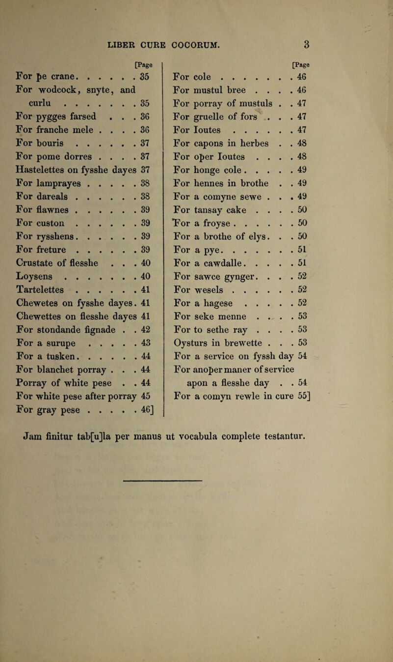 [Page [Page For pe crane. . . . . . 35 For cole. . 46 For wodcock, snyte, and For mustul bree . . . 46 curlu. For porray of mustuls . 47 For pygges farsed . . 36 For gruelle of fors . . 47 For franche mele . . . . 36 For loutes .... . 47 For bouris .... . . 37 For capons in herbes . 48 For pome dorres . . . . 37 For oper loutes . . . 48 Hastelettes on fysshe dayes 37 For honge cole . . . . 49 For lamprayes . . . . . 38 For hennes in brothe . 49 For dareals .... . . 38 For a comyne sewe . . 49 For flawnes .... . . 39 For tansay cake . . . 50 For custon .... . . 39 Tor a froyse .... . 50 For rysshens. . . . . . 39 For a brothe of elys. . 50 For freture .... . . 39 For a pye. . 51 Crustate of flesshe . . 40 For a cawdalle. . . . 51 Loysens. . . 40 For sawce gynger. . . 52 Tartelettes .... . . 41 For wesels .... . 52 Chewetes on fysshe dayes. 41 For a hagese . . . . 52 Chewettes on flesshe dayes 41 For seke menne . . . 53 For stondande fignade . . 42 For to sethe ray . . . 53 For a surupe . . . . . 43 Oysturs in brewette . . 53 For a tusken. . . . . . 44 For a service on fyssh day 54 For blanchet porray . . . 44 For anoper maner of service Porray of white pese . . 44 apon a flesshe day • . 54 For white pese after porray 45 For a comyn rewle in cure 55] For gray pese . . . . . 46] Jam finitur tab[u]la per manus ut vocabula complete testantur.