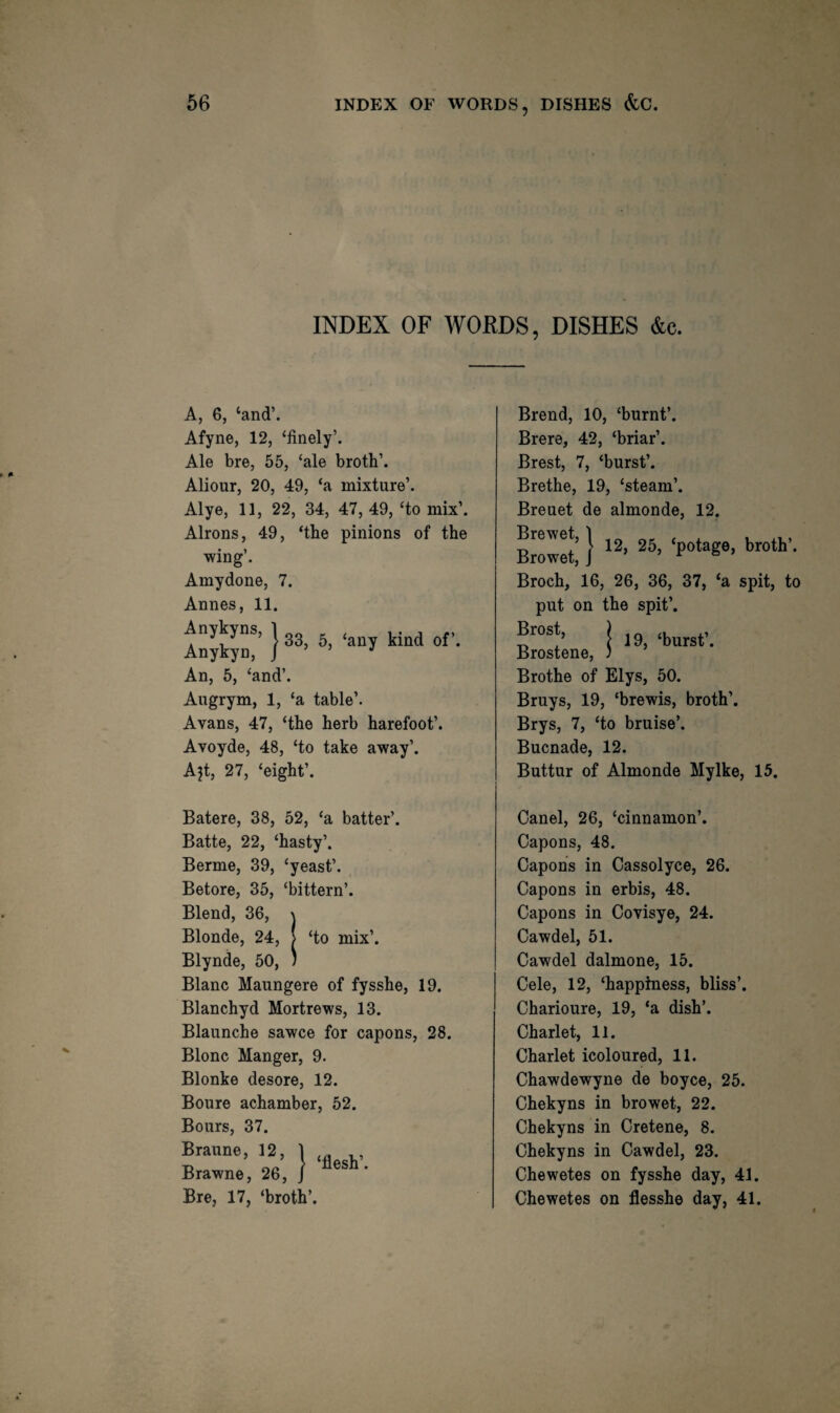 INDEX OF WORDS, DISHES &c. A, 6, ‘and’. Afyne, 12, ‘finely’. Ale bre, 55, ‘ale broth’. Aliour, 20, 49, ‘a mixture’. Alye, 11, 22, 34, 47, 49, ‘to mix’. Alrons, 49, ‘the pinions of the wing’. Amydone, 7. Annes, 11. IS!’ I An, 5, ‘and’. Augrym, 1, ‘a table’. Avans, 47, ‘the herb barefoot’. Avoyde, 48, ‘to take away’. Ajt, 27, ‘eight’. Brend, 10, ‘burnt’. Brere, 42, ‘briar’. Brest, 7, ‘burst’. Brethe, 19, ‘steam’. Breuet de almonde, 12. iizi j Broch, 16, 26, 36, 37, ‘a spit, to put on the spit’. i 19, ‘burst'. Brostene, ) Brothe of Elys, 50. Bruys, 19, ‘brewis, broth’. Brys, 7, ‘to bruise’. Bucnade, 12. Buttur of Almonde Mylke, 15. Batere, 38, 52, ‘a batter’. Batte, 22, ‘hasty’. Berme, 39, ‘yeast’. Betore, 35, ‘bittern’. Blend, 36, \ Blonde, 24, | ‘to mix’. Blynde, 50, 1 Blanc Maungere of fysshe, 19. Blanchyd Mortrews, 13. Blaunche sawce for capons, 28. Blonc Manger, 9. Blonke desore, 12. Boure achamber, 52. Bours, 37. ‘flesh’. Bre, 17, ‘broth’. Canel, 26, ‘cinnamon’. Capons, 48. Capons in Cassolyce, 26. Capons in erbis, 48. Capons in Covisye, 24. Cawdel, 51. Cawdel dalmone, 15. Cele, 12, ‘happiness, bliss’. Charioure, 19, ‘a dish’. Charlet, 11. Charlet icoloured, 11. Chawdewyne de boyce, 25. Chekyns in browet, 22. Chekyns in Cretene, 8. Chekyns in Cawdel, 23. Chewetes on fysshe day, 41. Chewetes on flesshe day, 41. Braune, 12, 1 Brawne, 26, j