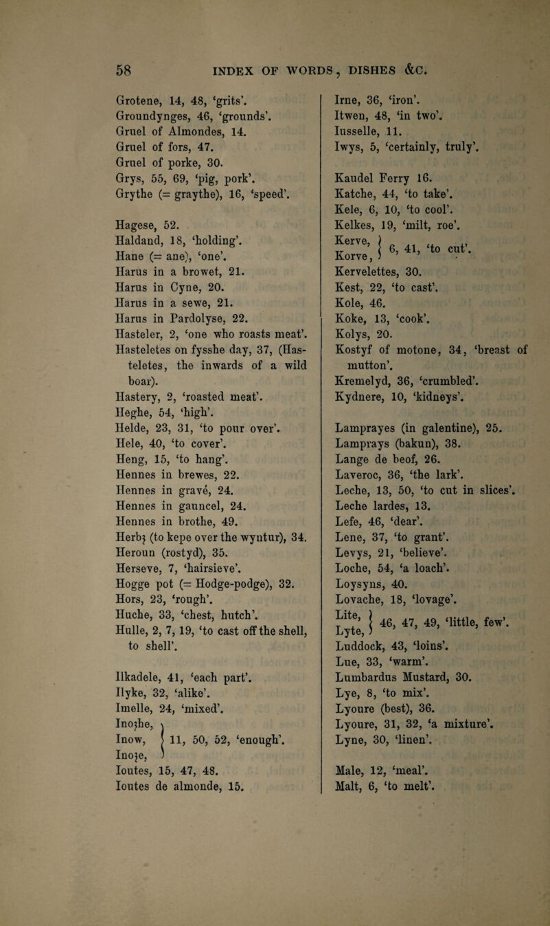 Grotene, 14, 48, ‘grits’. Groundynges, 46, ‘grounds’. Gruel of Almondes, 14. Gruel of fors, 47. Gruel of porke, 30. Grys, 55, 69, ‘pig, pork’. Grythe (= graythe), 16, ‘speed’. Hagese, 52. Haldand, 18, ‘holding’. Hane (= ane}, ‘one’. Ilarus in a browet, 21. Harus in Cyne, 20. Harus in a sewe, 21. Hams in Pardolyse, 22. Hasteler, 2, ‘one who roasts meat’. Hasteletes on fysshe day, 37, (Has- teletes, the inwards of a wild boar). Hastery, 2, ‘roasted meat’. Ileghe, 54, ‘high’. Ilelde, 23, 31, ‘to pour over’. Hele, 40, ‘to cover’. Heng, 15, ‘to hang’. Hennes in brewes, 22. Ilennes in grave, 24. Hennes in gauncel, 24. Hennes in brothe, 49. Herbj (to kepe over the wyntur), 34. Heroun (rostyd), 35. Herseve, 7, ‘hairsieve’. Hogge pot (= Hodge-podge), 32. Hors, 23, ‘rough’. Huche, 33, ‘chest, hutch’. Hulle, 2, 7,19, ‘to cast off the shell, to shell’. Hkadele, 41, ‘each part’. Hyke, 32, ‘alike’. Imelle, 24, ‘mixed’, Inojhe, \ Inow, I 11, 50, 52, ‘enough’. Inoje, ' loutes, 15, 47, 48. loutes de almonde, 15, Irne, 36, ‘iron’. Itwen, 48, ‘in two’, lusselle, 11. Iwys, 5, ‘certainly, truly’. Kaudel Ferry 16. Katche, 44, ‘to take’. Kele, 6, 10, ‘to cool’. Kelkes, 19, ‘milt, roe’. Kerve, ) ^ KoryeJ ' Kervelettes, 30. Kest, 22, ‘to cast’. Kole, 46. Koke, 13, ‘cook’. Kolys, 20. Kostyf of motone, 34, ‘breast of mutton’. Kremelyd, 36, ‘crumbled’. Kydnere, 10, ‘kidneys’. Lamprayes (in galentine), 25. Lamprays (bakun), 38. Lange de beof, 26. Laveroc, 36, ‘the lark’. Leche, 13, 50, ‘to cut in slices’. Leche lardes, 13. Lefe, 46, ‘dear’. Lene, 37, ‘to grant’. Levys, 21, ‘believe’. Loche, 54, ‘a loach’. Loysyns, 40. Lovache, 18, ‘lovage’. i 46, 47, 49, ‘little, few’. Lyte,) Luddock, 43, ‘loins’. Lue, 33, ‘warm’. Lumbardus Mustard, 30. Lye, 8, ‘to mix’. Lyoure (best), 36. Lyoure, 31, 32, ‘a mixture’. Lyne, 30, ‘linen’, Male, 12, ‘meal’. Malt, 6, ‘to melt’.