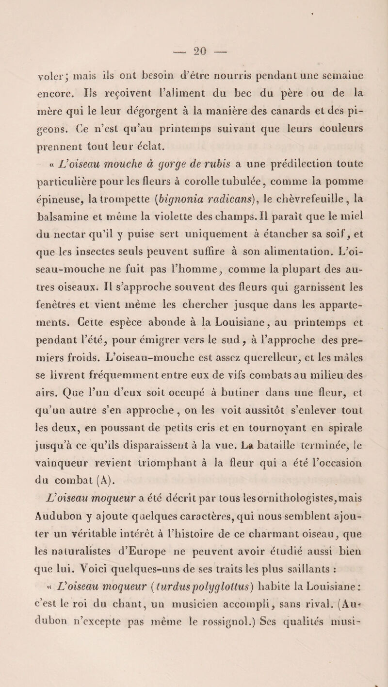 voler; mais ils ont besoin d’être nourris pendant une semaine encore. Ils reçoivent l’aliment du bec du père ou de la mère qui le leur dégorgent à la manière des canards et des pi¬ geons. Ce n’est qu’au printemps suivant que leurs couleurs prennent tout leur éclat. « L’oiseau mouche à gorge de rubis a une prédilection toute particulière pour les fleurs à corolle tubulée, comme la pomme épineuse* la trompette (bignonia radicans), le chèvrefeuille, la balsamine et même la violette des champs. Il paraît que le miel du nectar qu’il y puise sert uniquement à étancher sa soif, et que les insectes seuls peuvent suffire à son alimentation. L’oi¬ seau-mouche ne fuit pas l’homme, comme la plupart des au¬ tres oiseaux. Il s’approche souvent des fleurs qui garnissent les fenêtres et vient même les chercher jusque dans les apparte¬ ments. Cette espèce abonde à la Louisiane, au printemps et pendant l’été, pour émigrer vers le sud, à l’approche des pre¬ miers froids. L’oiseau-mouche est assez querelleur, et les mâles se livrent fréquemment entre eux de vifs combats au milieu des airs. Que l’un d’eux soit occupé à butiner dans une fleur, et qu'un autre s’en approche , on les voit aussitôt s’enlever tout les deux, en poussant de petits cris et en tournoyant en spirale jusqu’à ce qu’ils disparaissent à la vue. La bataille terminée, le vainqueur revient triomphant à la fleur qui a été l’occasion du combat (A). L’oiseau moqueur a été décrit par tous les ornithologistes, mais Audubon y ajoute quelques caractères, qui nous semblent ajou¬ ter un véritable intérêt à l’histoire de ce charmant oiseau, que les naturalistes d’Europe ne peuvent avoir étudié aussi bien que lui. Yoici quelques-uns de ses traits les plus saillants : « L’oiseau moqueur (turduspolyglottus) habite la Louisiane: c’est le roi du chant, un musicien accompli, sans rival. (Au* dubon n’excepte pas même le rossignol.) Ses qualités musi-