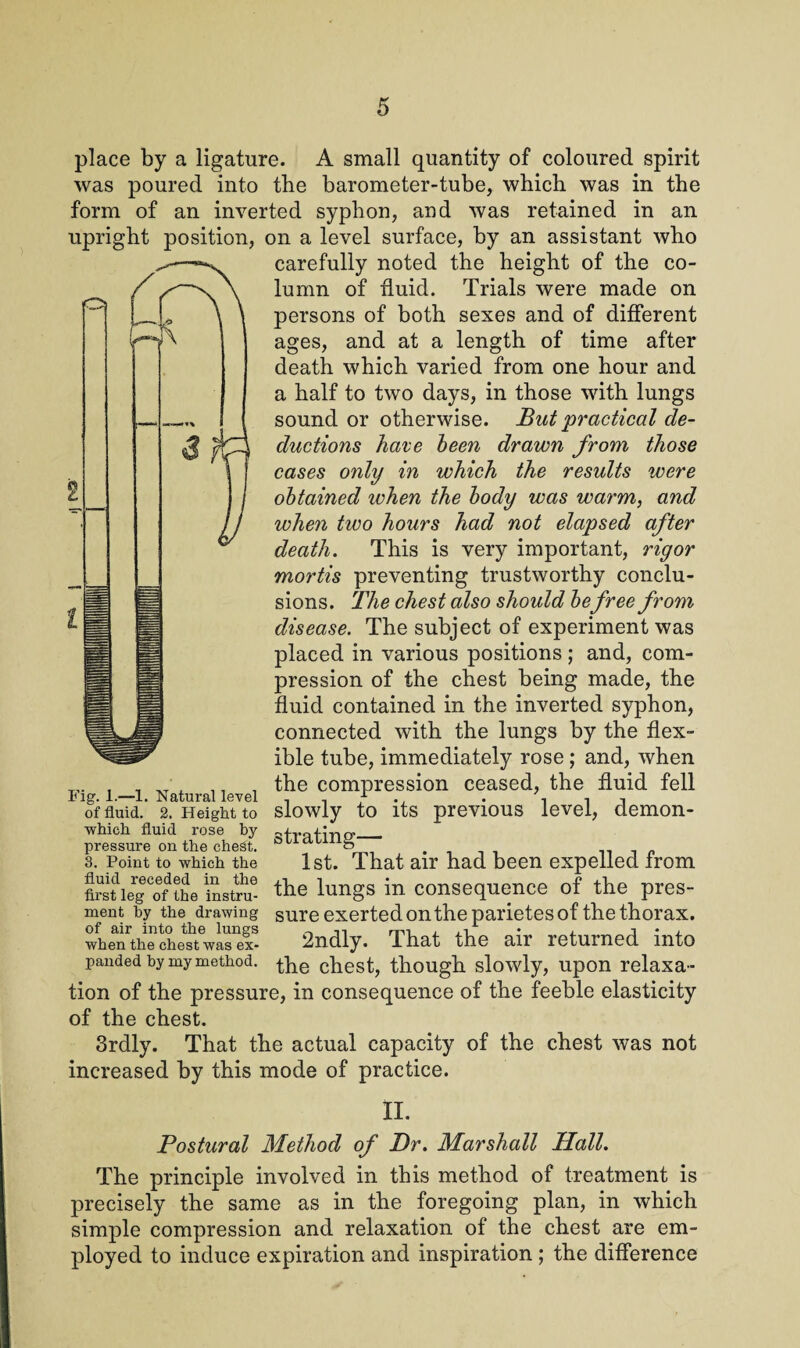 place by a ligature. A small quantity of coloured spirit was poured into the barometer-tube, which was in the form of an inverted syphon, and was retained in an upright position, on a level surface, by an assistant who carefully noted the height of the co¬ lumn of fluid. Trials were made on persons of both sexes and of different ages, and at a length of time after death which varied from one hour and a half to two days, in those with lungs sound or otherwise. But practical de¬ ductions have been drawn from those cases only in which the results were obtained ivhen the body was warm, and when two hours had not elapsed after death. This is very important, rigor mortis preventing trustworthy conclu¬ sions. The chest also should be free from disease. The subject of experiment was placed in various positions ; and, com¬ pression of the chest being made, the fluid contained in the inverted syphon, connected with the lungs by the flex¬ ible tube, immediately rose ; and, when T„ , , . , the compression ceased, the fluid fell of fluid.' 2. Height to slowly to its previous level, demon- which fluid rose by afrpH-na-_ pressure on the chest. n& .it, 3. Point to which the 1st. That air had been expelled from Sieg'of the instru- the lungs in consequence of the pres- ment by the drawing sure exerted onthe parietes of the thorax, of air into the lungs ^ m*. , ,/ • , j • , when the chest was ex- 2nd.ly. Tlicit th.6 uir returned into pauded by my method, ^he chest, though slowly, upon relaxa¬ tion of the pressure, in consequence of the feeble elasticity of the chest. 3rdly. That the actual capacity of the chest was not increased by this mode of practice. II. Postural Method of Dr. Marshall Hall. The principle involved in this method of treatment is precisely the same as in the foregoing plan, in which simple compression and relaxation of the chest are em¬ ployed to induce expiration and inspiration ; the difference