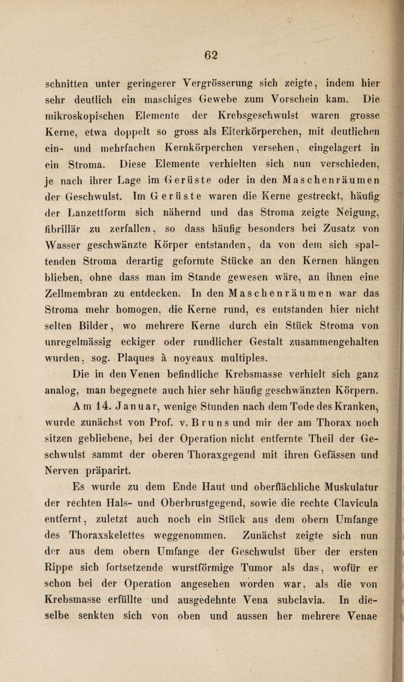 schnitten unter geringerer Vergrösserung sich zeigte, indem hier sehr deutlich ein maschiges Gewebe zum Vorschein kam. Die mikroskopischen Elemente der Krebsgeschwulst waren grosse Kerne, etwa doppelt so gross als Eiterkörperchen, mit deutlichen ein- und mehrfachen Kernkörperchen versehen, eingelagert in ein Stroma. Diese Elemente verhielten sich nun verschieden, je nach ihrer Lage im Gerüste oder in den Maschen räumen der Geschwulst. Im Gerüste waren die Kerne gestreckt, häufig der Lanzettform sich nähernd und das Stroma zeigte Neigung, fibrillär zu zerfallen, so dass häufig besonders bei Zusatz von Wasser geschwänzte Körper entstanden, da von dem sich spal¬ tenden Stroma derartig geformte Stücke an den Kernen hängen blieben, ohne dass man im Stande gewesen wäre, an ihnen eine Zellmembran zu entdecken. In den Maschen räumen war das Stroma mehr homogen, die Kerne rund, es entstanden hier nicht selten Bilder, wo mehrere Kerne durch ein Stück Stroma von unregelmässig eckiger oder rundlicher Gestalt zusammengehalten wurden, sog. Plaques ä noyeaux multiples. Die in den Venen befindliche Krebsmasse verhielt sich ganz analog, man begegnete auch hier sehr häufig geschwänzten Körpern. Am 14. Januar, wenige Stunden nach dem Tode des Kranken, wurde zunächst von Prof. v.Bruns und mir der am Thorax noch sitzen gebliebene, bei der Operation nicht entfernte Theii der Ge¬ schwulst sammt der oberen Thoraxgegend mit ihren Gefässen und Nerven präparirt. Es wurde zu dem Ende Haut und oberflächliche Muskulatur der rechten Hals- und Oberbrustgegend, sowie die rechte Clavicula entfernt, zuletzt auch noch ein Stück aus dem obern Umfange des Thoraxskelettes weggenommen. Zunächst zeigte sich nun der aus dem obern Umfange der Geschwulst über der ersten Rippe sich fortsetzende wurstförmige Tumor als das, wofür er schon bei der Operation angesehen worden war, als die von Krebsmasse erfüllte und ausgedehnte Vena subclavia. In die¬ selbe senkten sich von oben und aussen her mehrere Venae