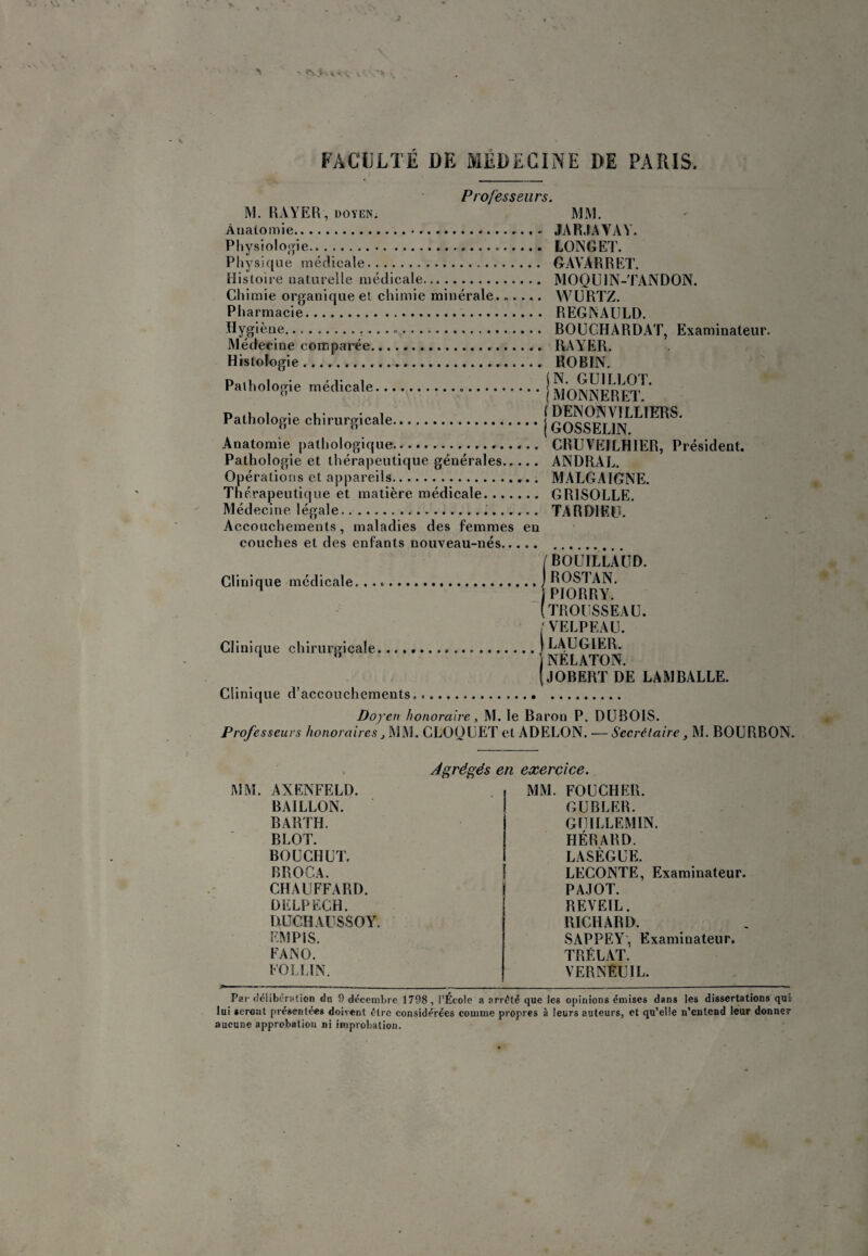 Professeurs. M. RAYER, DOYEN. Atialomie. Physiolooie... Physique médicale. Histoire naturelle médicale. Chimie organique et chimie minérale. Piiarmacie. Hygiène... Médecine comparée.. Histologie ... Pathologie médicale... .^... Pathologie chirurgicale. Anatomie pathologique... Pathologie et thérapeutique générales. Opérations et appareils. Thérapeutique et matière médicale. Médecine légale..... Accouchements, maladies des femmes en couches et des enfants nouveau-nés. MM. JA R JA VA V. LONGET. GAVARRET. MOQUIN-TANDON. WURTZ. REGNAIJLD. BOUGHARDAT, Examinateur. RAYER. ROBIN. IN. GUILLOT. I MONNERET. ( DENONVILLIERS. I GOSSELIN. CRUVEILHIER, Président. ANDRAL. MALGAIGNE. GRISOLLE. TARDIEU. Clinique médicale Clinique chirurgicale / ROUILLA IID. ROSTAN. PIORRY. (TROUSSEAU. I VELPEAU. ) LAUGIER. NËLATON. JOBERT DE LAMBALLE. Clinique d’accouchements. Doyen honoraire, M. le Baron P. DLIBOIS. Professeurs honoraires ^ MM. CLOQUET et ADELON. — Secrétaire, M. BOURBON. MM. AXENFELD. BAILLON. BARTH. BLOT. BOUCHUT. BROCA. CHAUFFARD. DELPECH. UUCHAUSSOY. EMPIS. FAN O. FOLLÎN. Agrégés en exercice. MM. FOUCHER. GUBLER. GUILLEMIN. HÉRARD. LASÈGUE. 1 LECONTE, Examinateur. PAJOT. REVEIL. RICHARD. SAPPEY, Examinateur. TRÉLAT. VERNEUIL. Par (lélibrrafion du 9 décembre 1798, l’Ecole a arrête que les opinions émises dans les dissertations qui lui seront présentées doivent être considérées comme propres à leurs auteurs, et qu’elle n’entend leur donner aucune approbation ni improbation.
