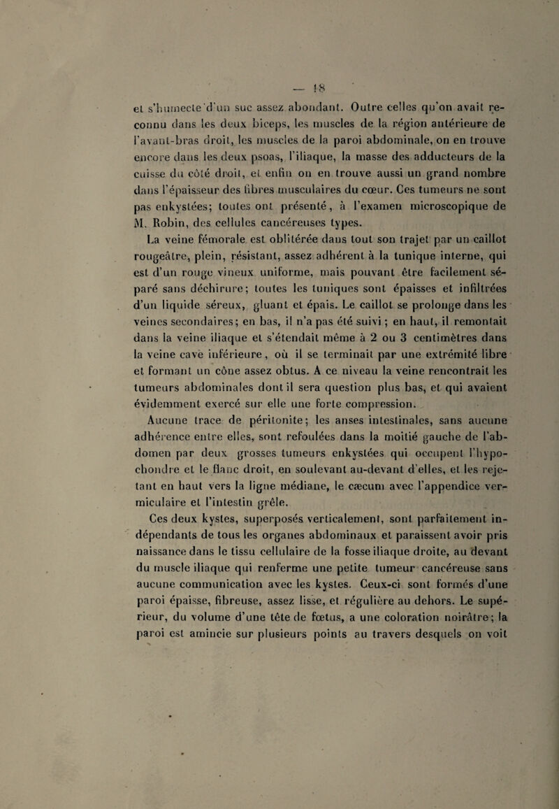 el s’humecte d'un suc assez abondant. Outre celles qu’on avait re¬ connu dans les deux biceps, les muscles de la région antérieure de l’avant-bras droit, les muscles de la paroi abdominale, on en trouve encore dans les deux psoas, l’iliaque, la masse des adducteurs de la cuisse du côté droit, el enfin on en trouve aussi un grand nombre dans l’épaisseur des libres musculaires du cœur. Ces tumeurs ne sont pas enkystées; toutes ont présenté, à l’examen microscopique de i\I. Robin, des cellules cancéreuses types. La veine fémorale est oblitérée dans tout son trajet par un caillot rougeâtre, plein, résistant, assez adhérent à la tunique interne, qui est d’un rouge vineux uniforme, mais pouvant être facilement sé¬ paré sans déchirure; toutes les tuniques sont épaisses et infiltrées d’un liquide séreux, gluant et épais. Le caillot se prolonge dans les veines secondaires; en bas, il n’a pas été suivi ; en haut, il remontait dans la veine iliaque el s’étendait même à 2 ou 3 centimètres dans la veine cave inférieure, où il se terminait par une extrémité libre et formant un cône assez obtus. A ce niveau la veine rencontrait les tumeurs abdominales dont il sera question plus bas, et qui avaient évidemment exercé sur elle une forte compression. Aucune trace de péritonite; les anses intestinales, sans aucune adhérence entre elles, sont refoulées dans la moitié gauche de l’ab¬ domen par deux grosses tumeurs enkystées qui occupent l’hypo- chondre et le flanc droit, en soulevant au-devant d’elles, et les reje¬ tant en haut vers la ligne médiane, le cæcum avec l’appendice ver- miculaire el l’intestin grêle. Ces deux kystes, superposés verticalement, sont parfaitement in¬ dépendants de tous les organes abdominaux et paraissent avoir pris naissance dans le tissu cellulaire de la fosse iliaque droite, au devant du muscle iliaque qui renferme une petite tumeur cancéreuse sans aucune communication avec les kystes. Ceux-ci sont formés d’une paroi épaisse, fibreuse, assez lisse, et régulière au dehors. Le supé¬ rieur, du volume d’une tête de fœtus, a une coloration noirâtre; la paroi est amincie sur plusieurs points au travers desquels on voit
