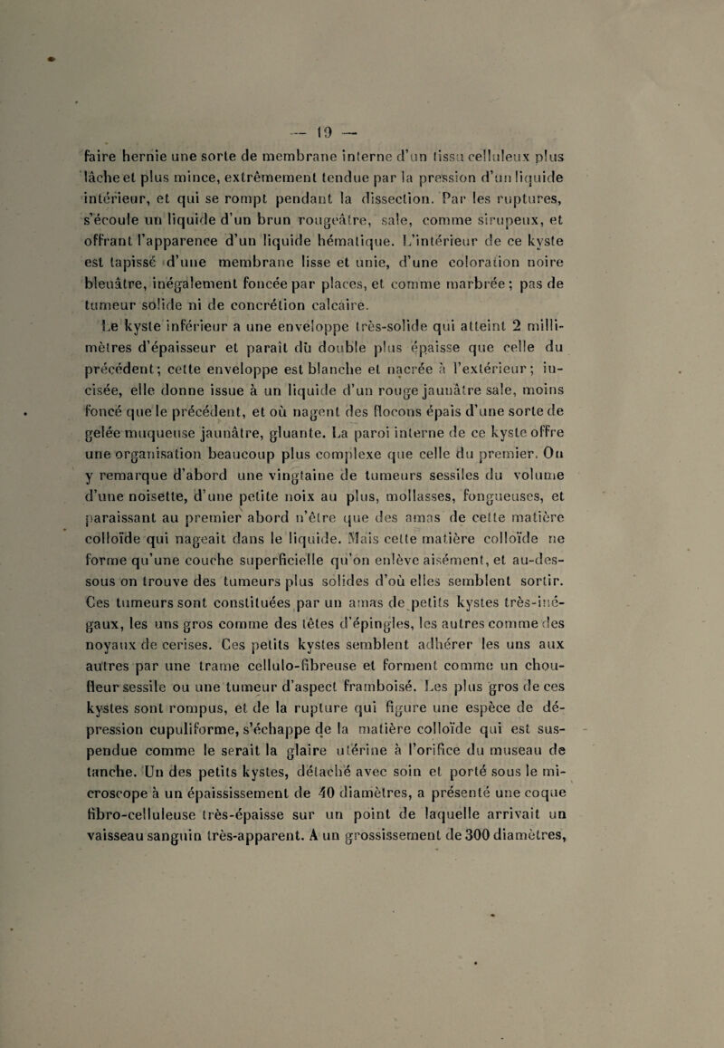 faire hernie une sorte de membrane interne d’un tissu celluleux plus lâcheet plus mince, extrêmement tendue par la pression d’unüfjuide intérieur, et qui se rompt pendant la dissection. Par les ruptures, s’écoule un liquide d’un brun rougeâtre, sale, comme sirupeux, et offrant l’apparence d’un liquide hématique. L’intérieur de ce kyste est tapissé »d’une membrane lisse et unie, d’une coloration noire bleuâtre, inégalement foncée par places, et comme marbrée; pas de tumeur solide ni de concrétion calcaire. Le kyste inférieur a une enveloppe très-solide qui atteint 2 milli¬ mètres d’épaisseur et paraît du double plus épaisse que celle du précédent; cette enveloppe est blanche et nacrée à l’extérieur; in¬ cisée, elle donne issue à un liquide d’un rouge jaunâtre sale, moins foncé que le précédent, et où nagent des flocons épais d’une sorte de gelée muqueuse jaunâtre, gluante. La paroi interne de ce kyste offre une organisation beaucoup plus complexe que celle du premier. On y remarque d’abord une vingtaine de tumeurs sessiles du volume d’une noisette, d’une petite noix au plus, mollasses, fongueuses, et paraissant au premier abord n’être que des amas de cette matière colloïde qui nageait dans le liquide. Mais cette matière colloïde ne forme qu’une couche superficielle qu’on enlève aisément, et au-des¬ sous on trouve des tumeurs plus solides d’où elles semblent sortir. Ces tumeurs sont constituées par un atnas de petits kystes très-iîié- gaux, les uns gros comme des têtes d’épingles, les autres comme des noyaux de cerises. Ces petits kystes semblent adhérer les uns aux autres par une trame cellulo-fibreuse et forment comme un chou- Heursessile ou une tumeur d’aspect framboisé. Les plus gros de ces kystes sont rompus, et de la rupture qui figure une espèce de dé¬ pression cupuliforme, s’échappe de la matière colloïde qui est sus¬ pendue comme le serait la glaire utérine à l’orifice du museau de tanche. Un des petits kystes, détaché avec soin et porté sous le mi¬ croscope à un épaississement de 40 diamètres, a présenté une coque fibro-celluleuse très-épaisse sur un point de laquelle arrivait un vaisseau sanguin très-apparent. A un grossissement de 300 diamètres,