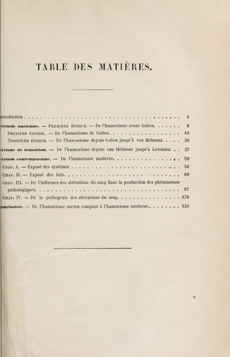 TABLE DES MATIÈRES. [production.>. 5 ériode ancienne. — Première époque. — De l’humorisme avant Galien. 9 Deuxième époque. — De l’humorisme de Galien. 19 Troisième époque. — De l’humorisme depuis Galien jusqu’à van Helmont. 28 Période de transition. — De Ehumorisme depuis van Helmont jusqu'à Lavoisier. . . 37 ériode contemporaine. — De l’humorisme moderne.... . 50 Chap. I. — Exposé des systèmes.. 50 Chap. II. — Exposé des faits.. 60 Chap. III. — De l’influence des altérations du sang dans la production des phénomènes pathologiques.. 97 Chap. IV. — De la pathogénie des altérations du sang. . . ..130 conclusion. — De l’humorisme ancien comparé à l’humorisme moderne.. . 1U9