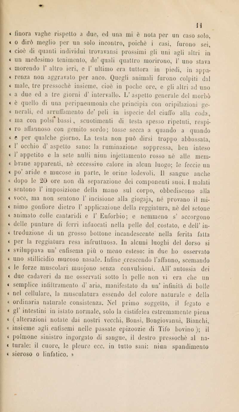 « finora vaghe rispetto a due, ed una mi è nota per un caso solo, « o dirò meglio per un solo incontro, poiché i casi, furono sei, < cioè di quanti individui trovavansi prossimi gli uni agli altri in < un medesimo lenimento, de’ quali quattro morirono, Y uno stava « morendo 1’ altro ieri, c Y ultimo era tuttora in piedi, in appa- « renza non aggravato per anco. Quegli animali furono colpiti dal « male, tre pressoché insieme, cioè in poche ore, e gli altri ad uno « a due ed a tre giorni d’ intervallo. L’aspetto generale del morbo « è quello di una peripneumonìa che principia con oripilazioni ge- « nerali, ed arruffamento de’ peli in ispecie del ciuffo alla coda, « ma con polsi* bassi, scuotimenti di testa spesso ripetuti, respi- * ro affannoso con gemito sordo; tosse secca a quando a quando 4 e Per qualche giorno. La testa non può dirsi troppo abbassata, 1 1 occhio d’ aspetto sano: la ruminazione soppressa, ben inteso « 1’ appetito e la sete nulli niun injettamento rosso nè alle meni- « brane apparenti, nè eccessivo calore in alcun luogo; le feccie un « po aride e mucose in parte, le orine lodevoli. Il sangue anche « dopo le 20 ore non dà separazione dei componenti suoi. I malati 4 sentono 1’ imposizione della mano sul corpo, obbediscono alla « voce, ma non sentono 1 incisione alla giogaja, né provano il mi- 4 nimo gonfiore dietro 1’ applicazione della reggiatura, nè del setone « animato colle cantaridi e Y Euforbio; e nemmeno s’ accorgono 4 delle punture di ferri infuocati nella pelle del costato, e dell’ in- 4 troduzione di un grosso bottone incandescente nella ferita fatta 4 per la reggiatura resa infruttuosa. In alcuni luoghi del dorso si 4 sviluppava un’ enfisema più o meno esteso: in due ho osservato « uno stillicidio mucoso nasale. Infine crescendo l’affanno, scemando « le forze muscolari nruojono senza convulsioni. AH’ autossia dei 4 due cadaveri da me osservati sotto la pelle non vi era che un « semplice infiltramento d’ aria, manifestato da un’ infinità di bolle « nel cellulare, la musculatura essendo del colore naturale e della « ordinaria naturale consistenza. Nel primo soggetto, il fegato e « gl’ intestini in istato normale, solo la cistifelea estremamente piena 4 (alterazioni notate dai nostri vecchi, Bonsi, Dongiovanni, Bianchi, « insieme agli enfisemi nelle passate epizoozie di Tifo bovino); il 4 polmone sinistro ingorgato di sangue, il destro pressoché al na- « turale: il cuore, le pleure ecc. in tutto sani: niun spandimeli lo « sieroso o linfatico. »