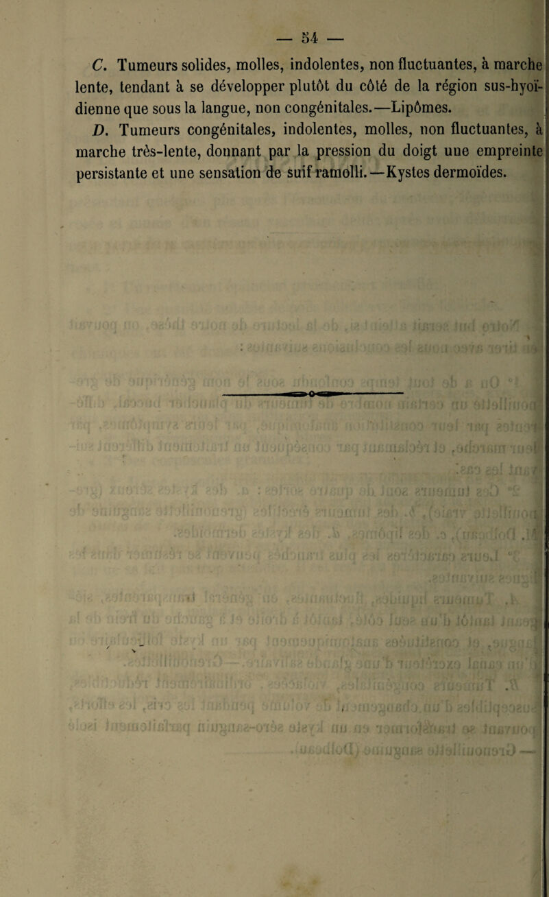 C. Tumeurs solides, molles, indolentes, non fluctuantes, à marche lente, tendant à se développer plutôt du côté de la région sus-hyoï¬ dienne que sous la langue, non congénitales.—Lipômes. D. Tumeurs congénitales, indolentes, molles, non fluctuantes, à marche très-lente, donnant par la pression du doigt une empreinte persistante et une sensation de suif ramolli.—Kystes dermoïdes. Kl TlilO *Q*rmw 11 J I U U < LU i ni v * * 1 î </ iï î f n ' ' t:u .ana ■ai ;/ -joü/ïi v c? niu)j f IL Üi -Y