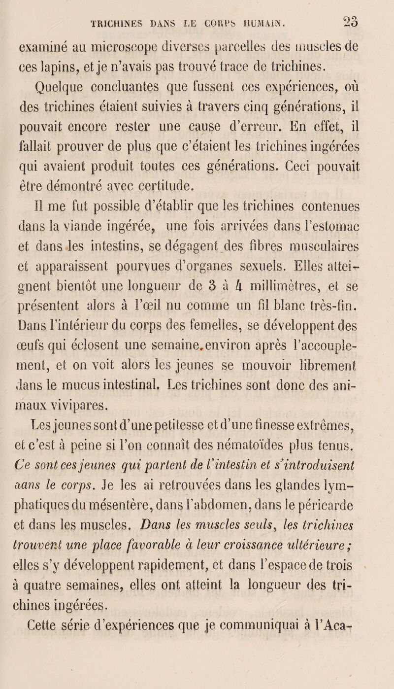 examiné au microscope diverses parcelles des muscles de ces lapins, et je n’avais pas trouvé trace de trichines. Quelque concluantes que fussent ces expériences, où des trichines étaient suivies à travers cinq générations, il pouvait encore rester une cause d’erreur. En effet, il fallait prouver de plus que c’étaient les trichines ingérées qui avaient produit toutes ces générations. Ceci pouvait être démontré avec certitude. Il me fut possible d’établir que les trichines contenues dans la viande ingérée, une fois arrivées dans l’estomac et dans les intestins, se dégagent des fibres musculaires et apparaissent pourvues d’organes sexuels. Elles attei¬ gnent bientôt une longueur de 3 à 4 millimètres, et se présentent alors à l’œil nu comme un fil blanc très-lin. Dans l’intérieur du corps des femelles, se développent des œufs qui éclosent une semaine,environ après l’accouple¬ ment, et on voit alors les jeunes se mouvoir librement dans le mucus intestinal. Les trichines sont donc des ani¬ maux vivipares. Les jeunes sont d’une petitesse et d’une finesse extrêmes, et c’est à peine si l’on connaît des nématoïdes plus tenus. Ce sont ces jeunes gui partent de Vintestin et s’introduisent aans le corps. Je les ai retrouvées dans les glandes lym¬ phatiques du mésentère, dans l’abdomen, dans le péricarde et dans les muscles. Dans les muscles seuls, les trichines trouvent une place favorable à leur croissance ultérieure; elles s’y développent rapidement, et dans l’espace de trois à quatre semaines, elles ont atteint la longueur des tri¬ chines ingérées. Cette série d’expériences que je communiquai à l’Aca-