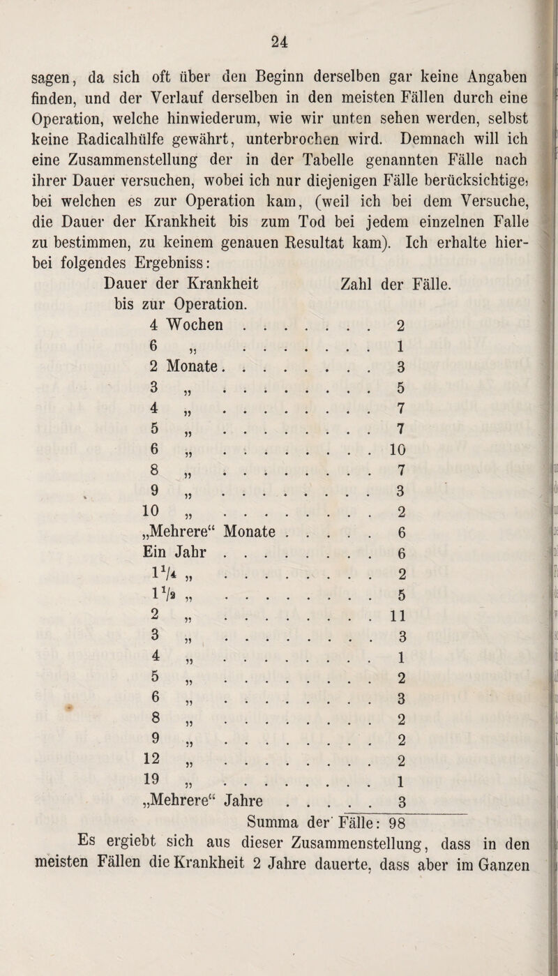 sagen, da sich oft über den Beginn derselben gar keine Angaben finden, und der Verlauf derselben in den meisten Fällen durch eine Operation, welche hinwiederum, wie wir unten sehen werden, selbst keine Radicalhülfe gewährt, unterbrochen wird. Demnach will ich eine Zusammenstellung der in der Tabelle genannten Fälle nach ihrer Dauer versuchen, wobei ich nur diejenigen Fälle berücksichtige? bei welchen es zur Operation kam, (weil ich bei dem Versuche, die Dauer der Krankheit bis zum Tod bei jedem einzelnen Falle zu bestimmen, zu keinem genauen Resultat kam). Ich erhalte hier¬ bei folgendes Ergebniss: Dauer der Krankheit Zahl der Fälle, bis zur Operation. Wochen Monate 53 5? 33 33 33 33 33 4 6 2 3 4 5 6 8 9 10 „Mehrere“ Ein Jahr l1/* Monat 33 l1/* 2 3 4 5 6 8 9 12 19 „Mehrere“ Jahre 33 33 33 33 33 33 33 33 33 33 2 1 3 5 7 7 10 7 3 2 6 6 2 5 11 3 1 2 3 2 2 2 1 3 Summa der* Fälle: 98 Es ergiebt sich aus dieser Zusammenstellung, dass in den meisten Fällen die Krankheit 2 Jahre dauerte, dass aber im Ganzen