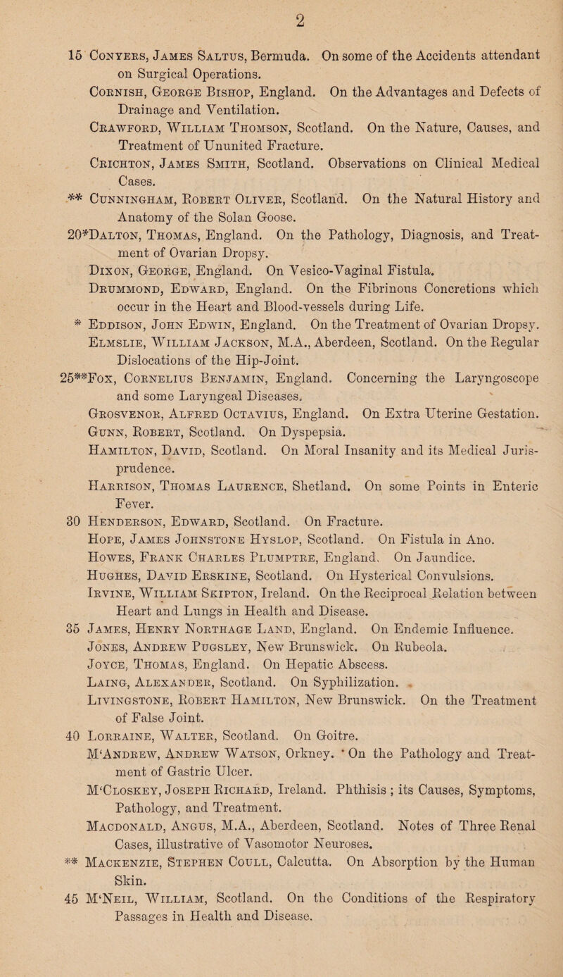 15 Conyers, James Saltus, Bermuda. On some of the Accidents attendant on Surgical Operations. Cornish, George Bishop, England. On the Advantages and Defects of Drainage and Ventilation. Crawford, William Thomson, Scotland. On the Nature, Causes, and Treatment of Ununited Fracture. Crichton, James Smith, Scotland. Observations on Clinical Medical Cases. ** Cunningham, PiOBERT Oliver, Scotland. On the Natural History and Anatomy of the Solan Goose. 20*Dalton, Thomas, England. On the Pathology, Diagnosis, and Treat¬ ment of Ovarian Dropsy. Dixon, George, England. On Vesico-Vaginal Fistula. Drummond, Edward, England. On the Fibrinous Concretions which occur in the Heart and Blood-vessels during Life. * Eddison, John Edwin, England. On the Treatment of Ovarian Dropsy. Elmslie, William Jackson, M.A., Aberdeen, Scotland. On the Regular Dislocations of the Hip-Joint. 25«-Fox, Cornelius Benjamin, England. Concerning the Laryngoscope and some Laryngeal Diseases. Grosvenor, Alfred Octavius, England. On Extra Uterine Gestation. Gunn, Robert, Scotland. On Dyspepsia. Hamilton, David, Scotland. On Moral Insanity and its Medical Juris¬ prudence. Harrison, Thomas Laurence, Shetland. On some Points in Enteric Fever. 30 Henderson, Edward, Scotland. On Fracture. Hope, James Johnstone Hyslop, Scotland. On Fistula in Ano. Howes, Frank Charles Plumptre, England, On Jaundice. PIughes, David Erskine, Scotland. On Hysterical Convulsions. Irvine, William Skipton, Ireland. On the Reciprocal Relation between Heart and Lungs in Health and Disease. 35 James, Henry Northage Land, England. On Endemic Influence. Jones, Andrew Pugsley, New Brunswick. On Rubeola. Joyce, Thomas, England. On Hepatic Abscess. Laing, Alexander, Scotland. On Syphilization. Livingstone, Robert Hamilton, New Brunswick. On the Treatment of False Joint. 40 Lorraine, Walter, Scotland. On Goitre. M‘Andrew, Andrew Watson, Orkney. * On the Pathology and Treat¬ ment of Gastric Ulcer. M'Closkey, Joseph Richard, Ireland. Phthisis ; its Causes, Symptoms, Pathology, and Treatment. Macdonald, Angus, M.A., Aberdeen, Scotland. Notes of Three Renal Cases, illustrative of Vasomotor Neuroses. ** Mackenzie, Stephen Coull, Calcutta. On Absorption by the Human Skin. 45 M‘Neil, William, Scotland. On the Conditions of the Respiratory Passages in Health and Disease.