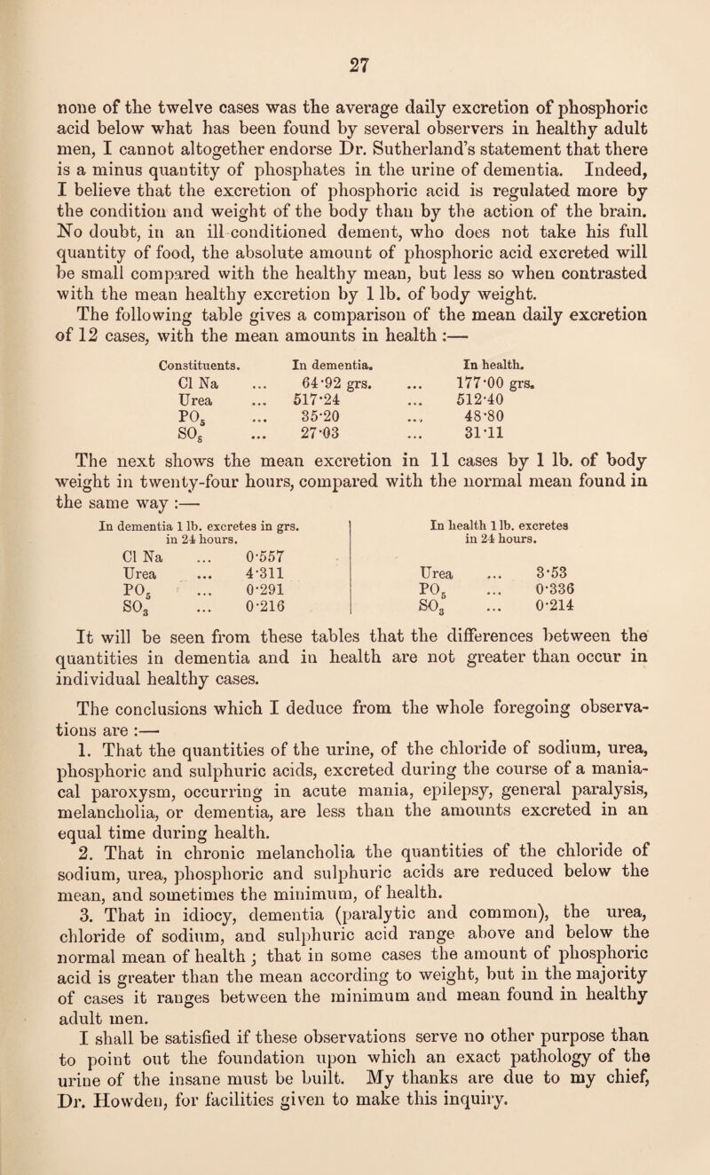 none of tlie twelve cases was the average daily excretion of phosphoric acid below what has been found by several observers in healthy adult men, I cannot altogether endorse Dr. Sutherland’s statement that there is a minus quantity of phosphates in the urine of dementia. Indeed, I believe that the excretion of phosphoric acid is regulated more by the condition and weight of the body than by the action of the brain. No doubt, in an ill conditioned dement, who does not take his full quantity of food, the absolute amount of phosphoric acid excreted will be small compared with the healthy mean, but less so when contrasted with the mean healthy excretion by 1 lb. of body weight. The following table gives a comparison of the mean daily excretion of 12 cases, with the mean amounts in health :— Constituents. In dementia. In health. Cl Na 64'92 grs. • • • 177-00 grs. Urea 517-24 • • « 512-40 P05 35-20 48-80 SOg 27-03 31-11 The next shows the mean excretion in 11 cases by 1 lb. of body weight in twenty-four hours, compared with the normal mean found in the same way :— In dementia 1 lb. excretes in grs. in 24 hours. Cl Na ... 0-557 Urea ... 4-311 P05 ... 0-291 S03 ... 0-216 It will be seen from these tables In health 1 lb. excretes in 24 hours. Urea ... 3-53 P05 ... 0-336 S03 ... 0-214 that the differences between the quantities in dementia and in health are not greater than occur in individual healthy cases. The conclusions which I deduce from the whole foregoing observa¬ tions are :— 1. That the quantities of the urine, of the chloride of sodium, urea, phosphoric and sulphuric acids, excreted during the course of a mania¬ cal paroxysm, occurring in acute mania, epilepsy, general paralysis, melancholia, or dementia, are less than the amounts excreted in an equal time during health. 2. That in chronic melancholia the quantities of the chloride of sodium, urea, phosphoric and sulphuric acids are reduced below the mean, and sometimes the minimum, of health. 3. That in idiocy, dementia (paralytic and common), the urea, chloride of sodium, and sulphuric acid range above and below the normal mean of health j that in some cases the amount of phosphoric acid is greater than the mean according to weight, but in the majority of cases it ranges between the minimum and mean found in healthy adult men. I shall be satisfied if these observations serve no other purpose than to point out the foundation upon which an exact pathology of the urine of the insane must be built. My thanks are due to my chief, Dr. Howden, for facilities given to make this inquiry.