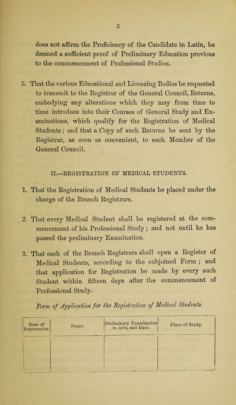 does not affirm the Proficiency of the Candidate in Latin, be deemed a sufficient proof of Preliminary Education previous to the commencement of Professional Studies. 5. That the various Educational and Licensing Bodies be requested to transmit to the Registrar of the General Council, Returns, embodying any alterations which they may from time to time introduce into their Courses of General Study and Ex¬ aminations, which qualify for the Registration of Medical Students; and that a Copy of such Returns be sent by the Registrar, as soon as convenient, to each Member of the General Council. II.—REGISTRATION OF MEDICAL STUDENTS. 1. That the Registration of Medical Students be placed under the charge of the Branch Registrars. 2. That every Medical Student shall be registered at the com¬ mencement of his Professional Study; and not until he has passed the preliminary Examination. 3. That each of the Branch Registrars shall open a Register of Medical Students, according to the subjoined Form ; and that application for Registration be made by every such Student within fifteen days after the commencement of Professional Study. Form of Application for the Registration of Medical Students. Date of Registration Name. Preliminary Examination in Arts, and Date. Place of Study.