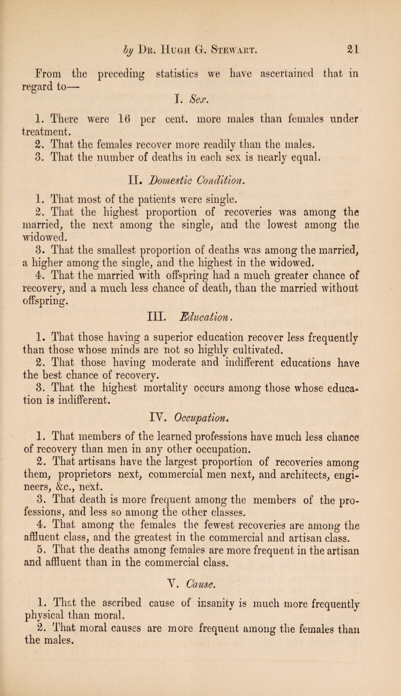 From the preceding regard to— statistics we have ascertained that in I. Sex. 1. There were 16 per cent, more males than females under treatment. 2. That the females recover more readily than the males. 3. That the number of deaths in each sex is nearly equal. II. Domestic Condition. 1. That most of the patients were single. 2. That the highest proportion of recoveries was among the married, the next among the single, and the lowest among the widowed. 3. That the smallest proportion of deaths was among the married, a higher among the single, and the highest in the widowed. 4. That the married with offspring had a much greater chance of recovery, and a much less chance of death, than the married without offspring. III. Education. 1. That those having a superior education recover less frequently than those whose minds are not so highly cultivated. 2. That those having moderate and indifferent educations have the best chance of recovery. 3. That the highest mortality occurs among those whose educa¬ tion is indifferent. IV. Occupation. 1. That members of the learned professions have much less chance of recovery than men in any other occupation. 2. That artisans have the largest proportion of recoveries among them, proprietors next, commercial men next, and architects, engi¬ neers, &c., next. 3. That death is more frequent among the members of the pro¬ fessions, and less so among the other classes. 4. That among the females the fewest recoveries are among the affluent class, and the greatest in the commercial and artisan class. 5. That the deaths among females are more frequent in the artisan and affluent than in the commercial class. V. Cause. 1. That the ascribed cause of insanity is much more frequently physical than moral. 2. That moral causes are more frequent among the females than the males.